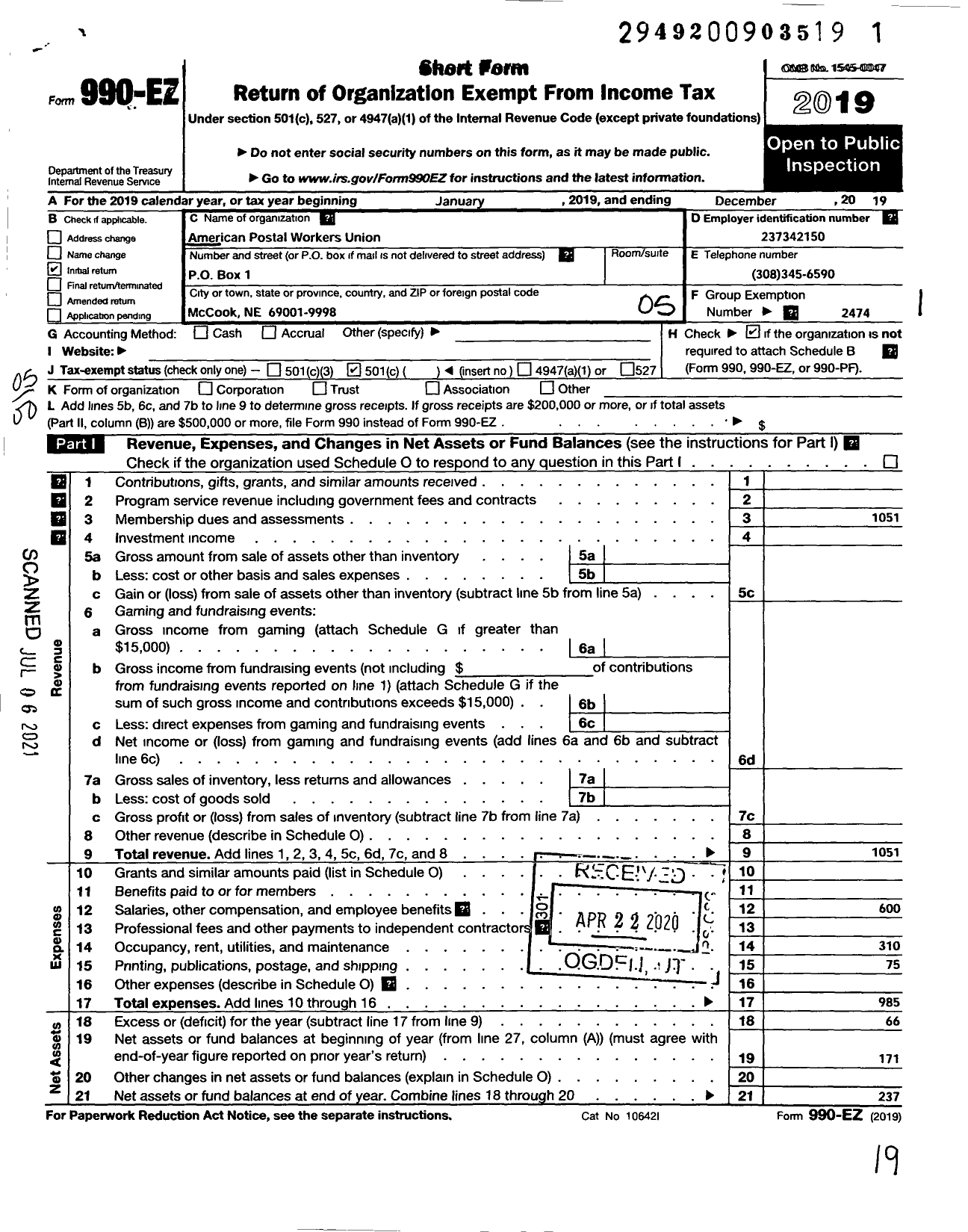 Image of first page of 2019 Form 990EO for American Postal Workers Union - 947 Mccook Local