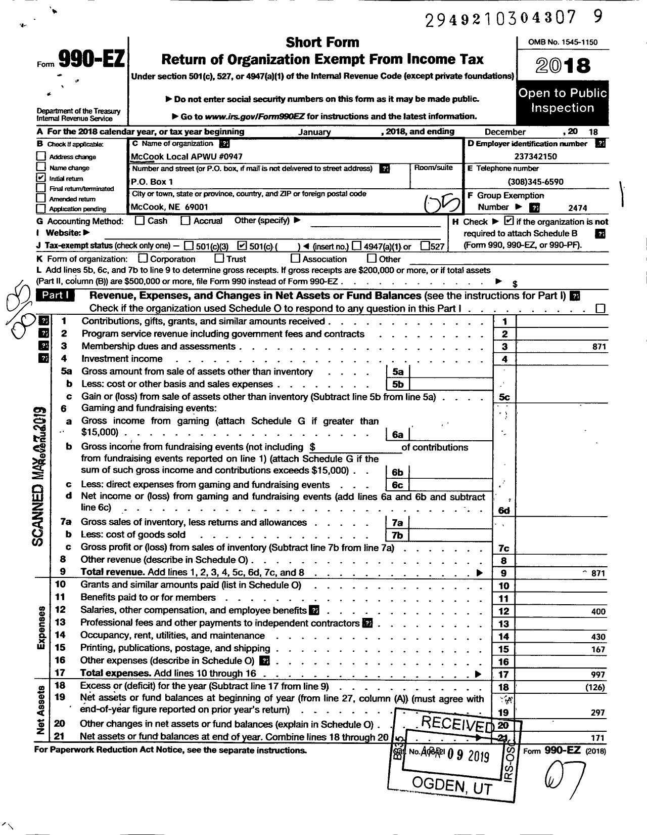 Image of first page of 2018 Form 990EO for American Postal Workers Union - 947 Mccook Local