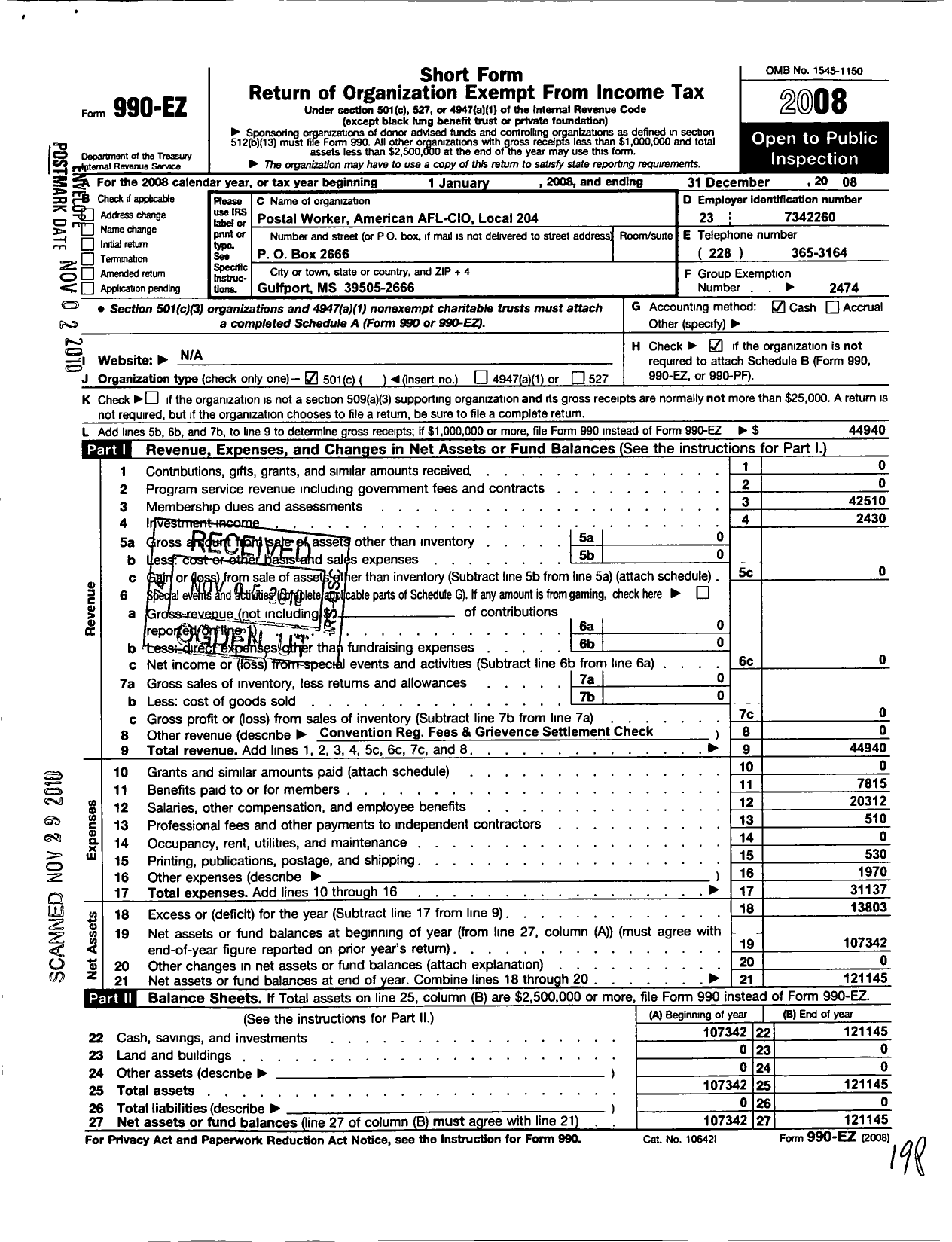 Image of first page of 2008 Form 990EO for American Postal Workers Union - 204 Mississippi Coast Area Local