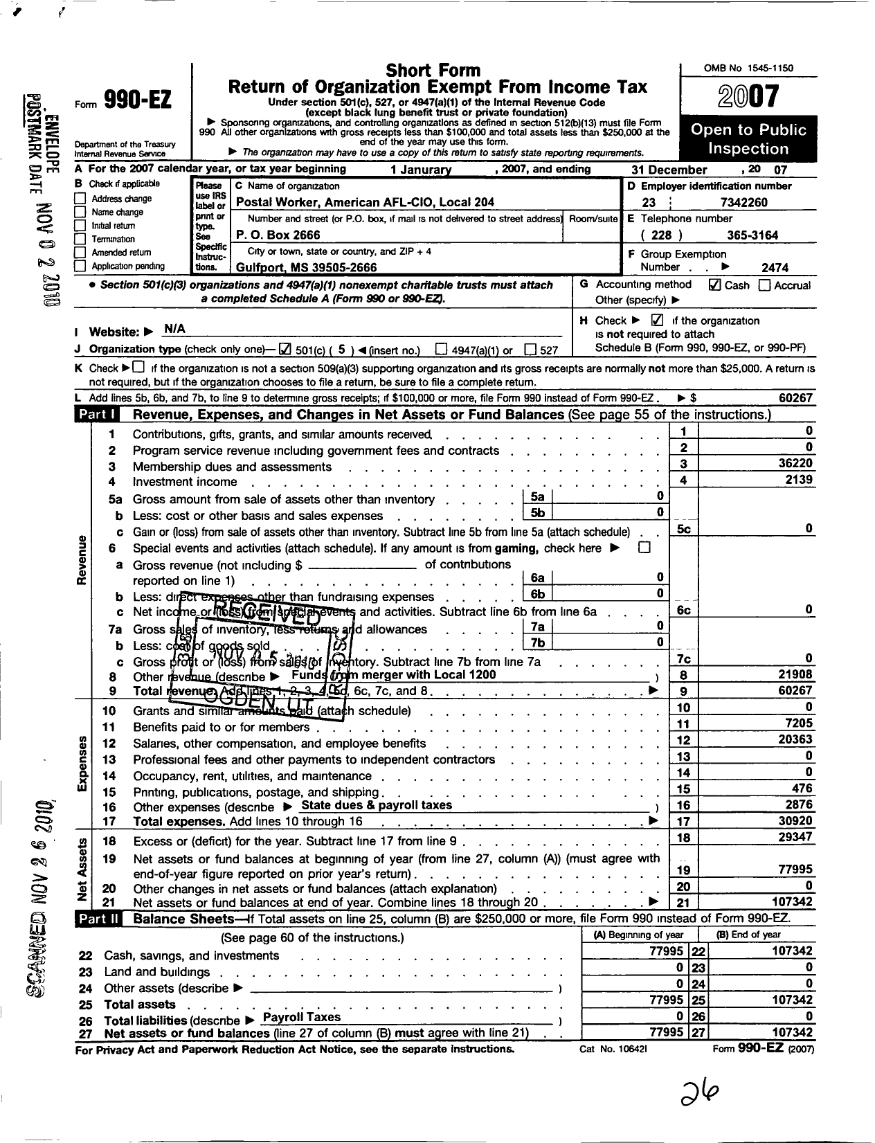 Image of first page of 2007 Form 990EO for American Postal Workers Union - 204 Mississippi Coast Area Local