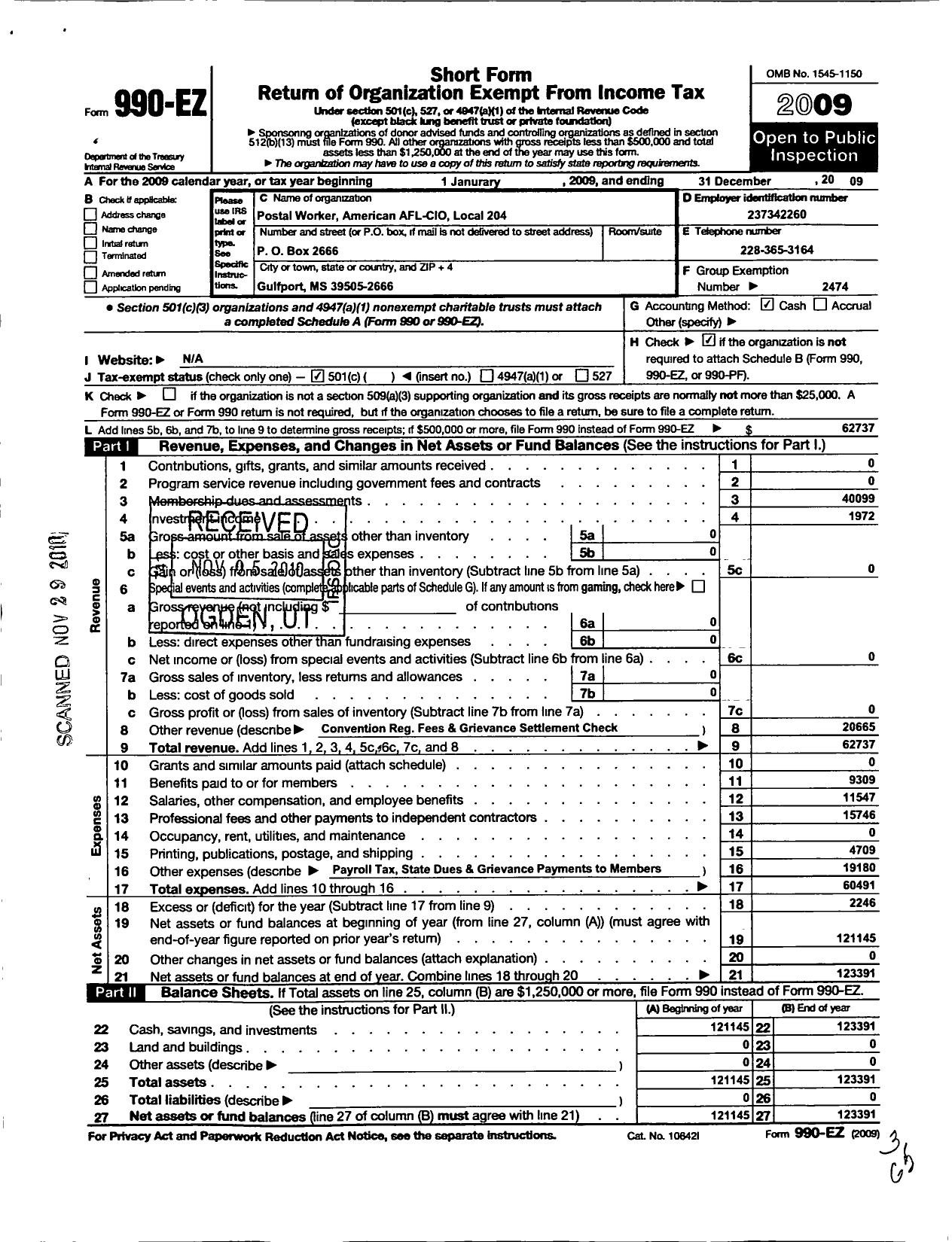 Image of first page of 2009 Form 990EO for American Postal Workers Union - 204 Mississippi Coast Area Local