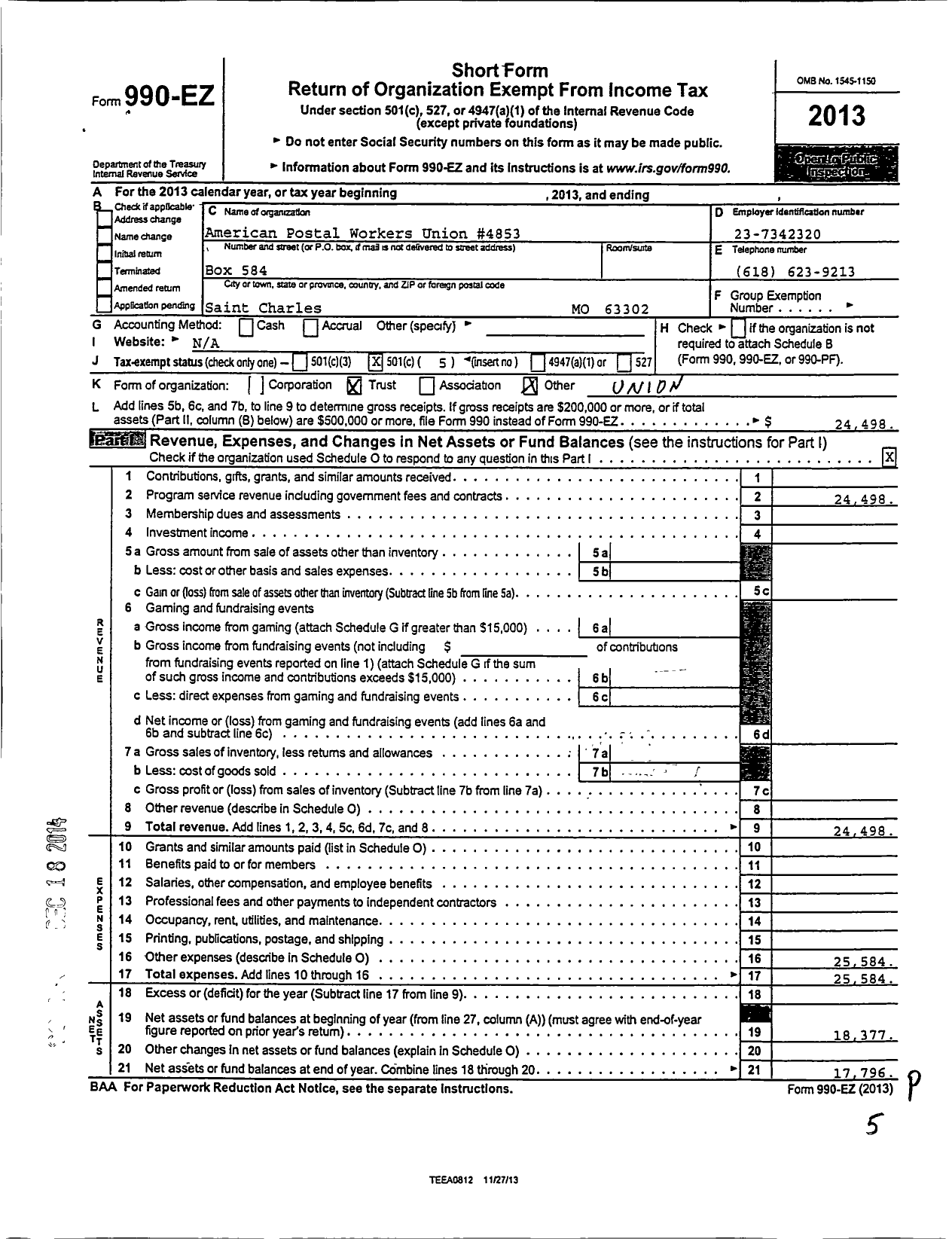 Image of first page of 2013 Form 990EO for American Postal Workers Union - 4853 Saint Charles Local