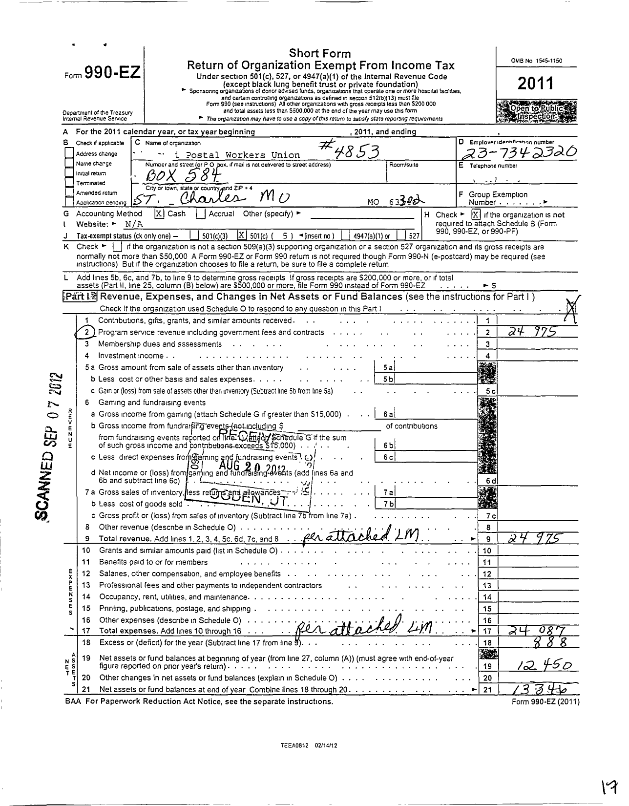 Image of first page of 2011 Form 990EO for American Postal Workers Union - 4853 Saint Charles Local
