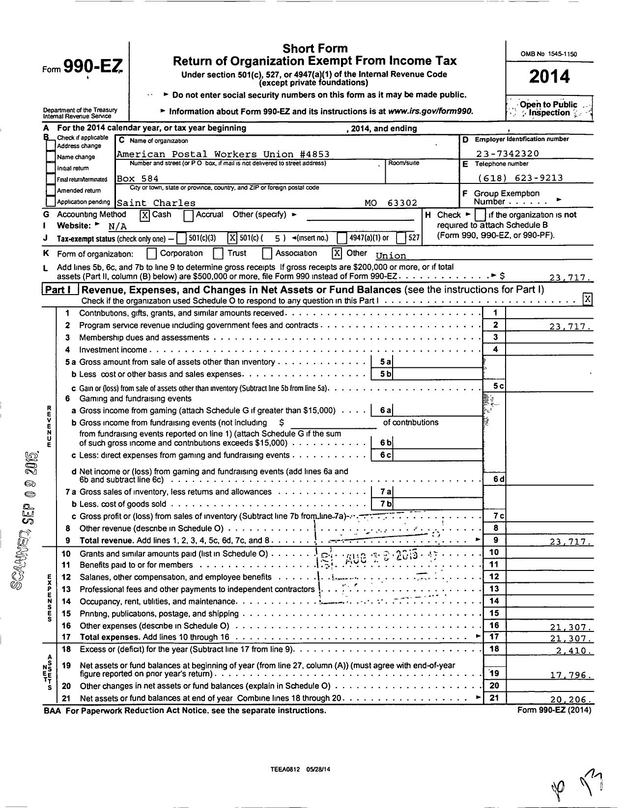 Image of first page of 2014 Form 990EO for American Postal Workers Union - 4853 Saint Charles Local