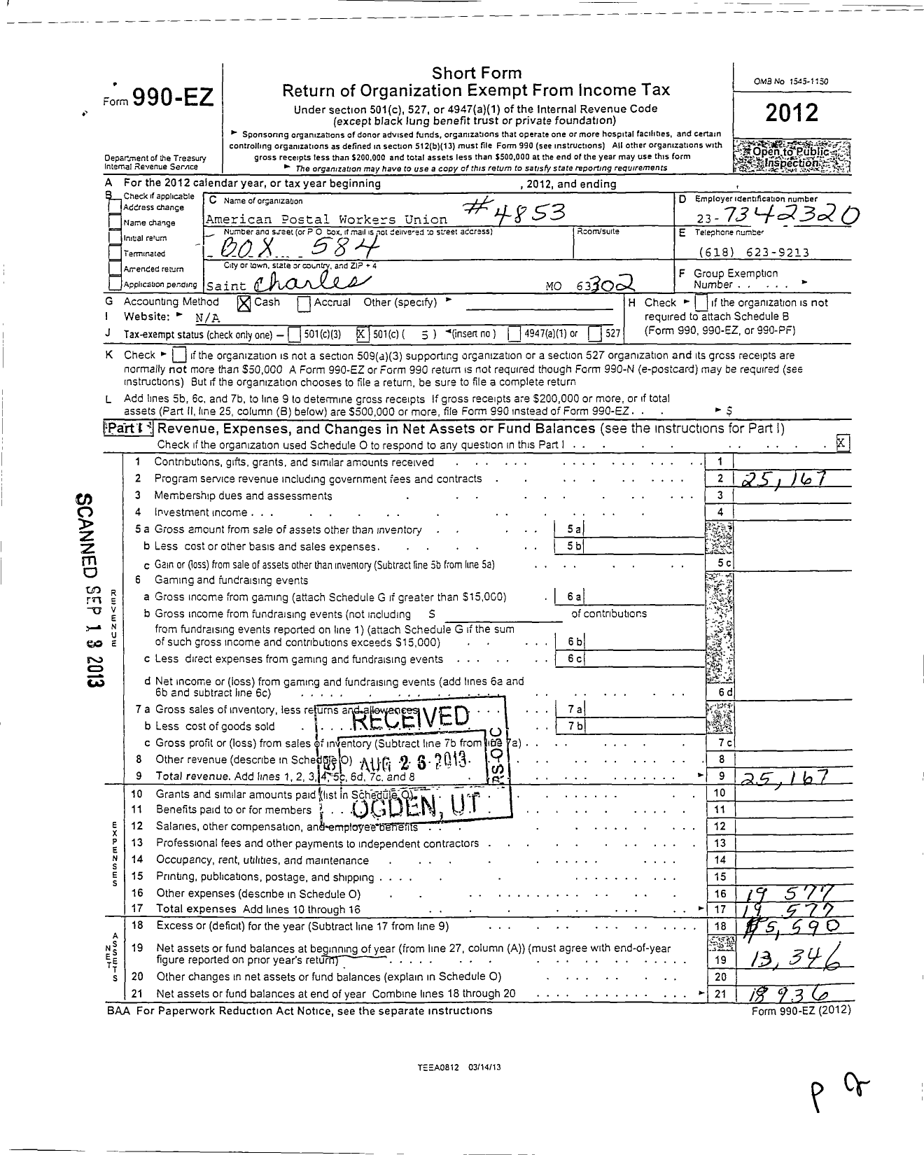 Image of first page of 2012 Form 990EO for American Postal Workers Union - 4853 Saint Charles Local