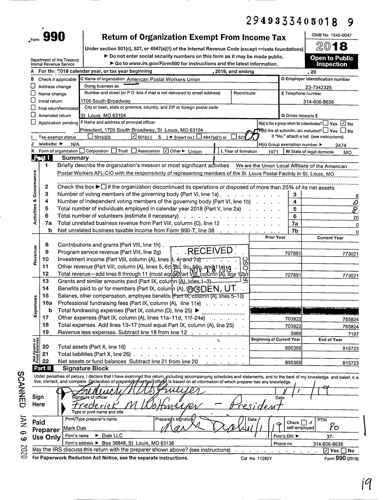 Image of first page of 2018 Form 990O for American Postal Workers Union - 8 St Louis Gateway Dist Al