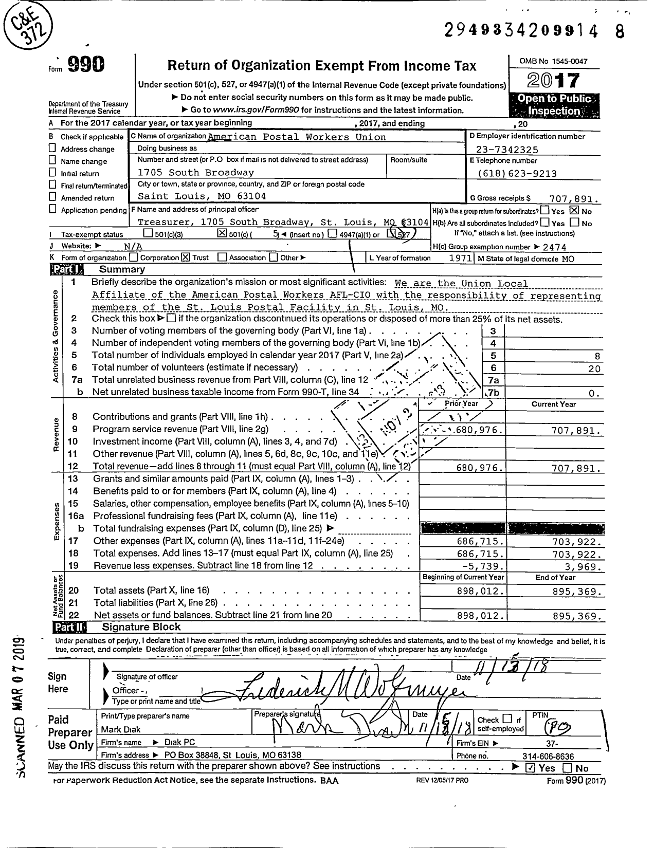 Image of first page of 2017 Form 990O for American Postal Workers Union - 8 St Louis Gateway Dist Al