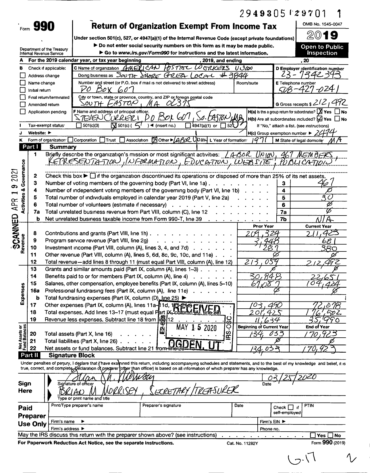 Image of first page of 2019 Form 990 for American Postal Workers Union - South Shore Area Local #3844