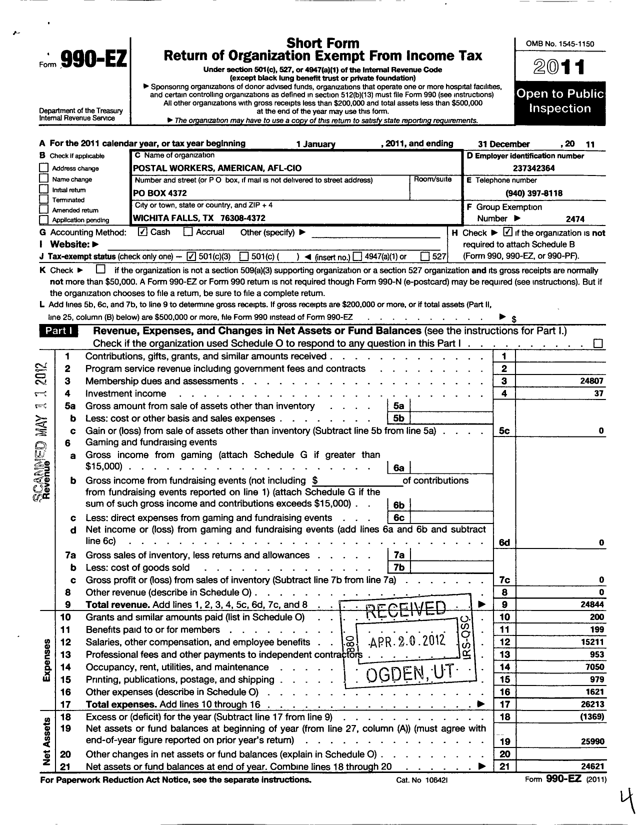 Image of first page of 2011 Form 990EZ for American Postal Workers Union - 754 Wichita Falls Area Local