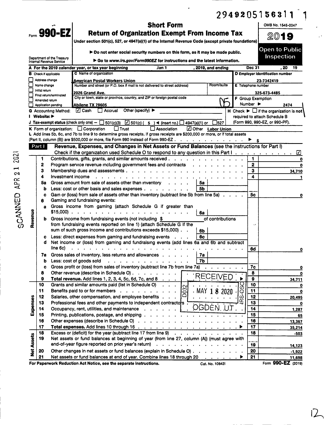 Image of first page of 2019 Form 990EO for American Postal Workers Union - 827 Abilene Area Local Apwu