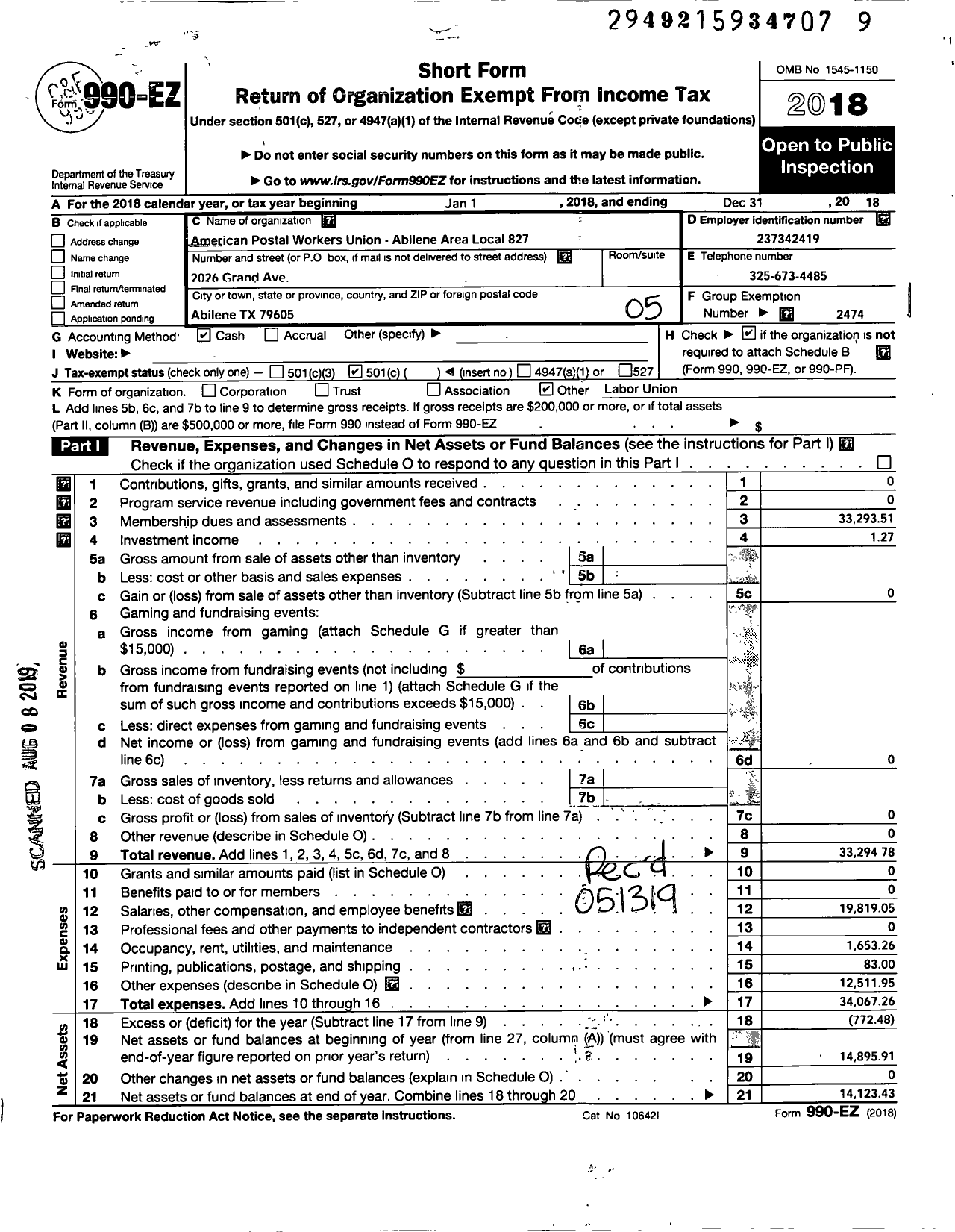 Image of first page of 2018 Form 990EO for American Postal Workers Union - 827 Abilene Area Local Apwu