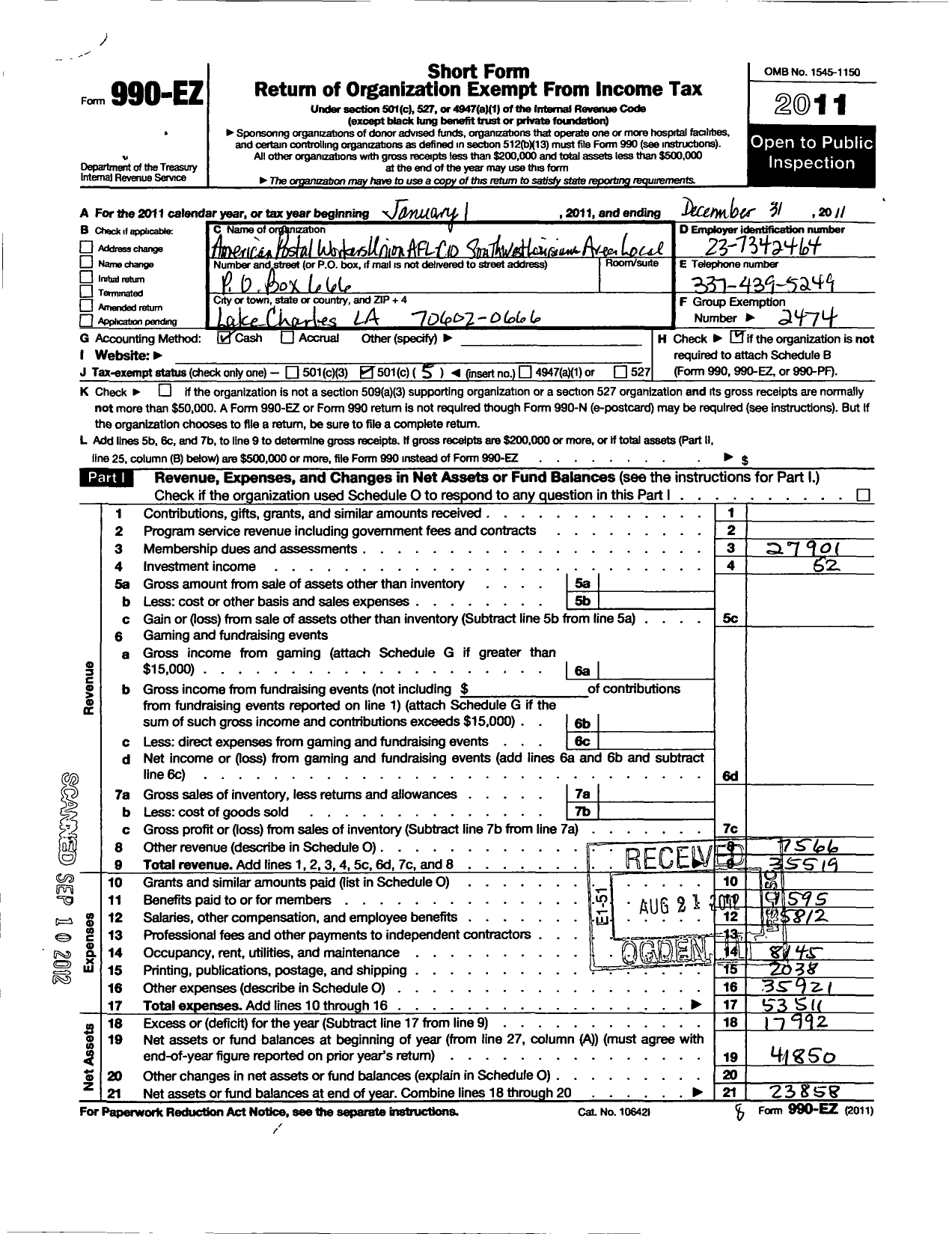 Image of first page of 2011 Form 990EO for American Postal Workers Union