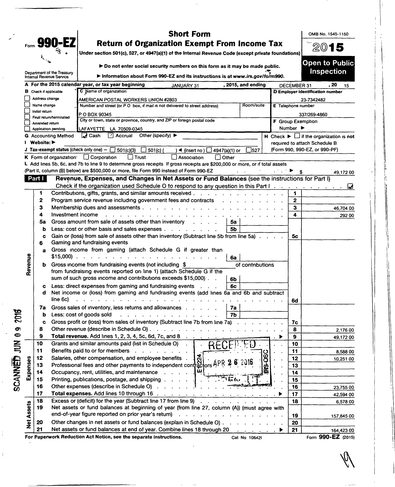 Image of first page of 2015 Form 990EO for American Postal Workers Union - 2803 Lafayette Local