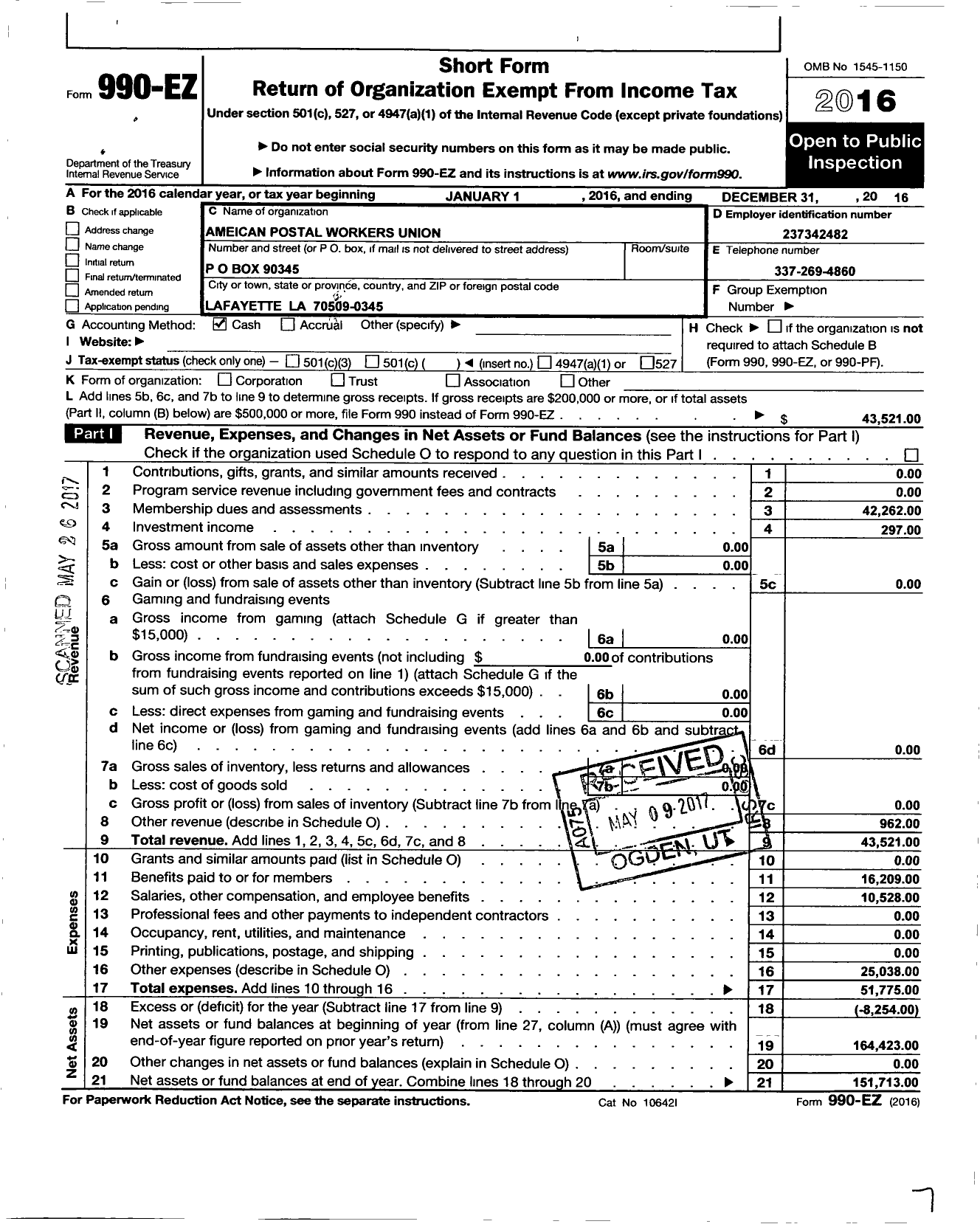 Image of first page of 2016 Form 990EO for American Postal Workers Union - 2803 Lafayette Local