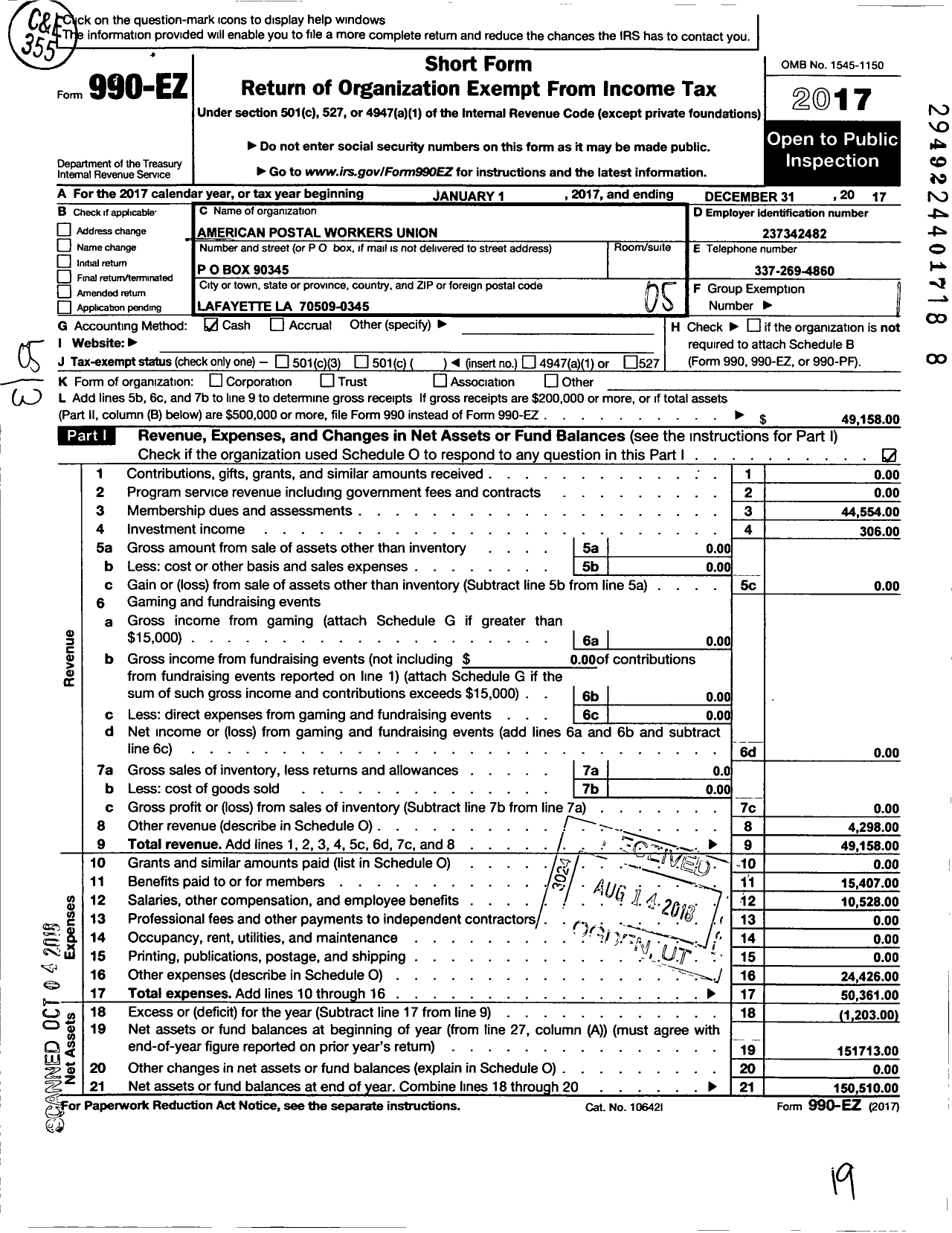 Image of first page of 2017 Form 990EO for American Postal Workers Union - 2803 Lafayette Local