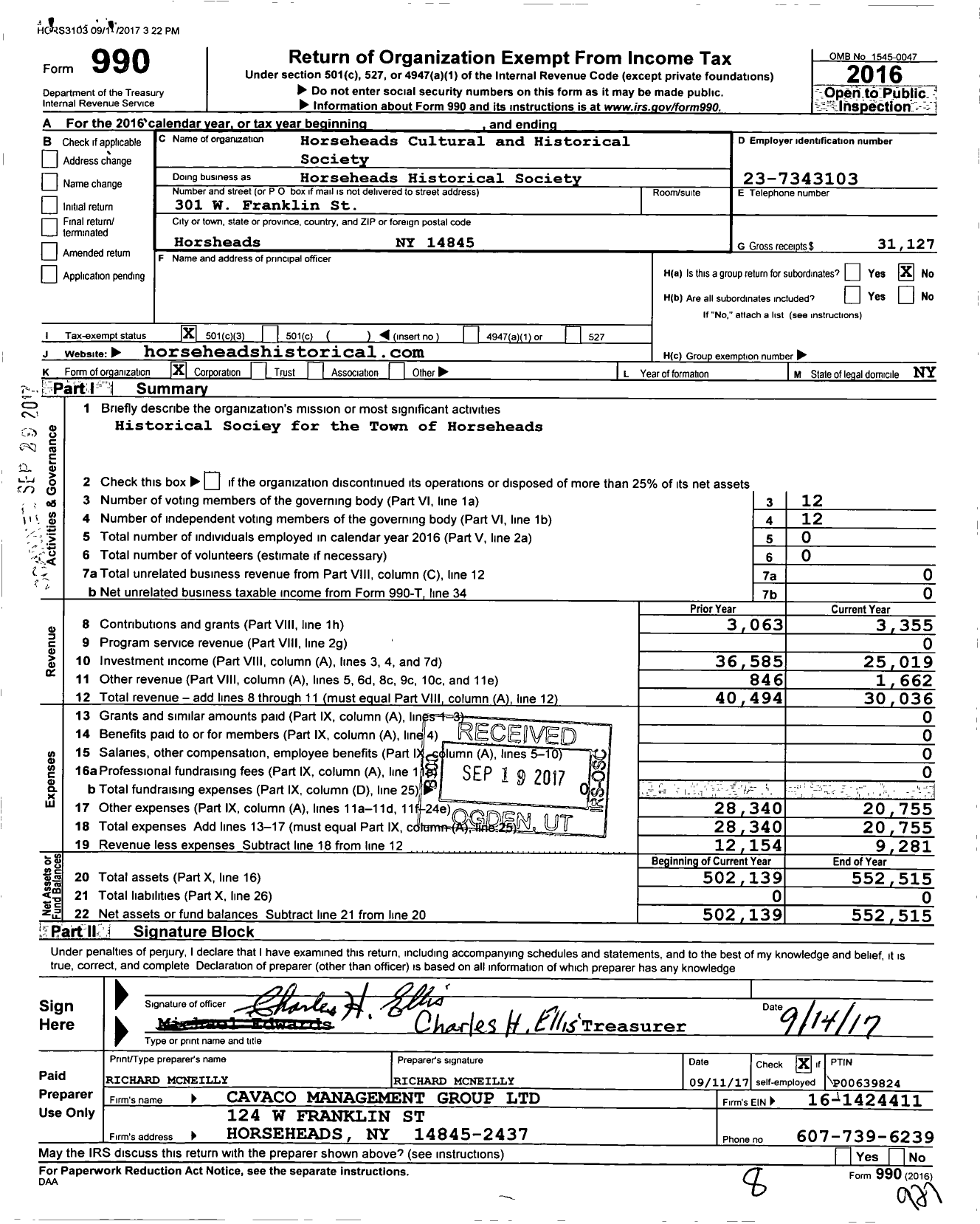 Image of first page of 2016 Form 990 for Horseheads Cultural and Historical Society