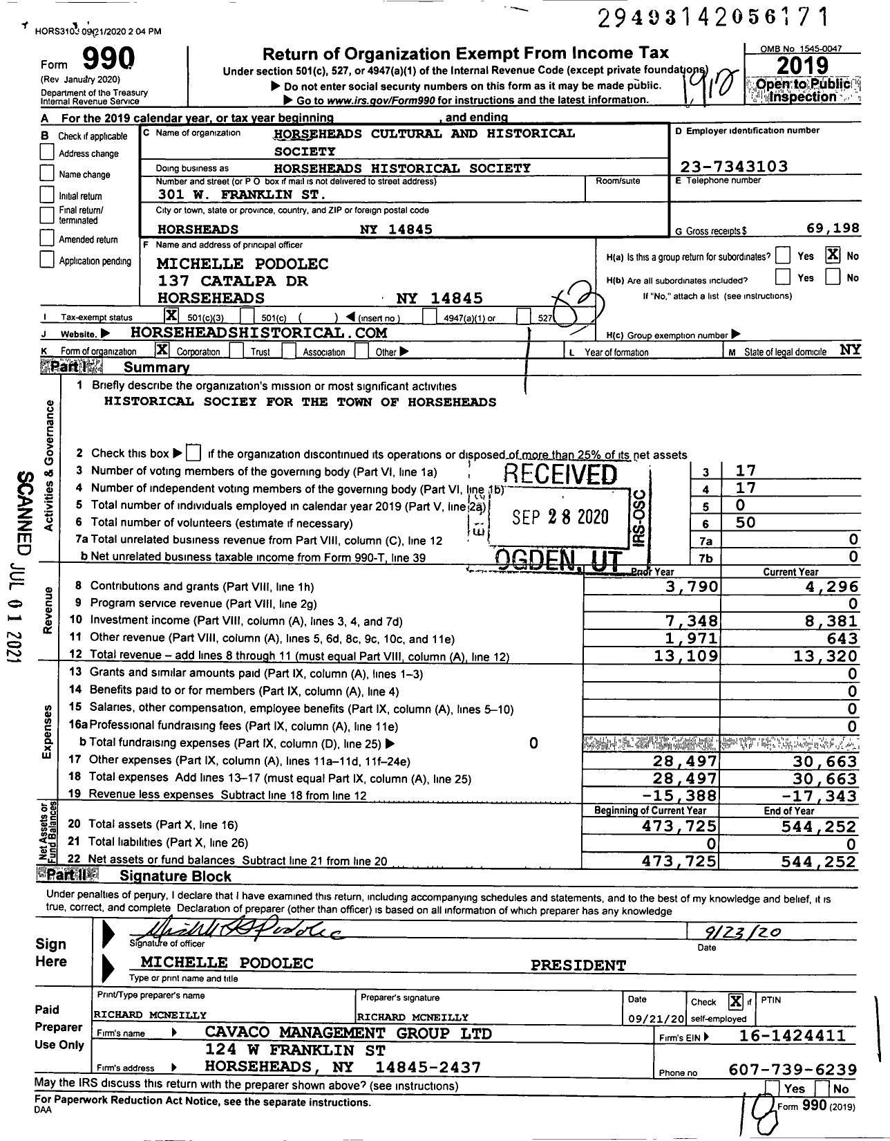 Image of first page of 2019 Form 990 for Horseheads Cultural and Historical Society