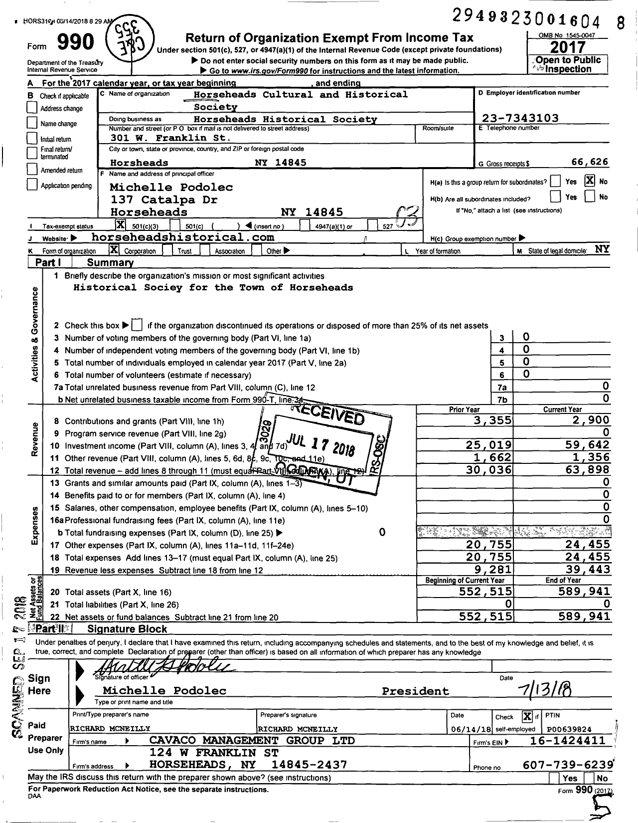 Image of first page of 2017 Form 990 for Horseheads Cultural and Historical Society