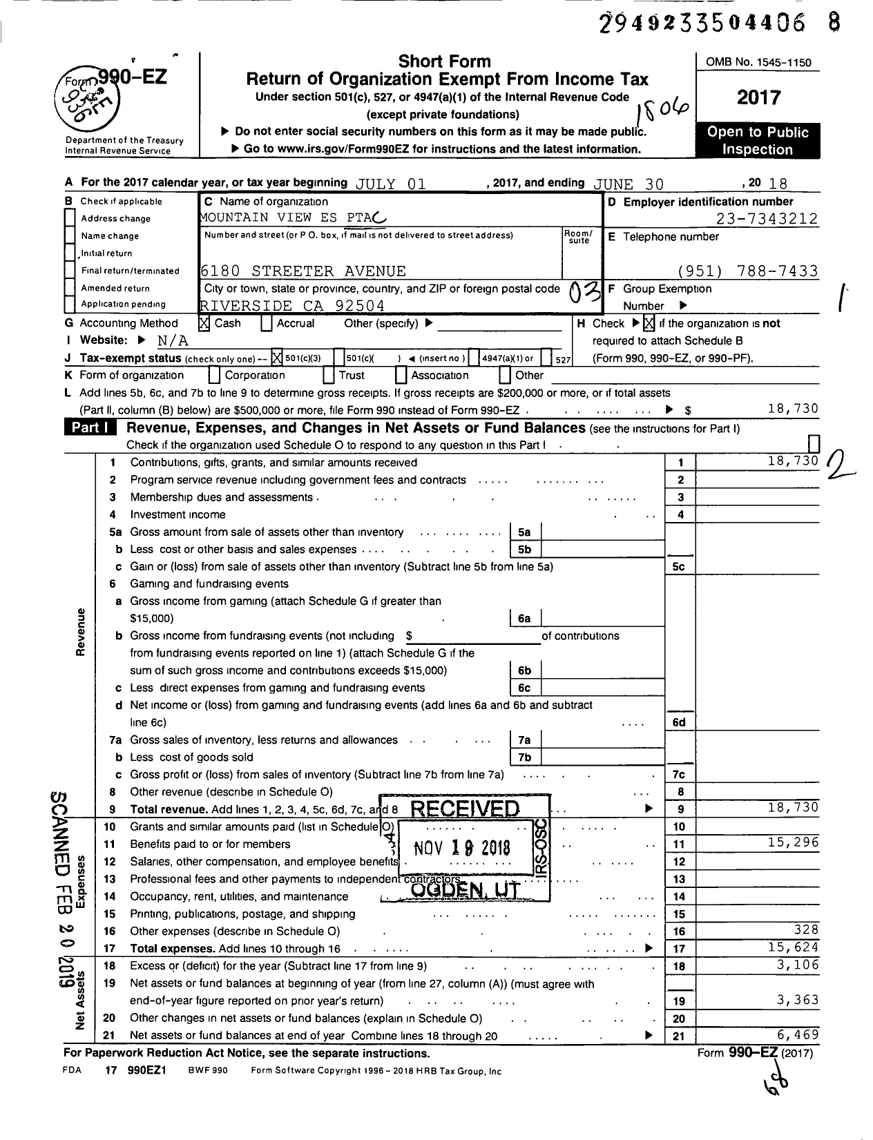 Image of first page of 2017 Form 990EZ for California State PTA - Mountain View Elementary PTA