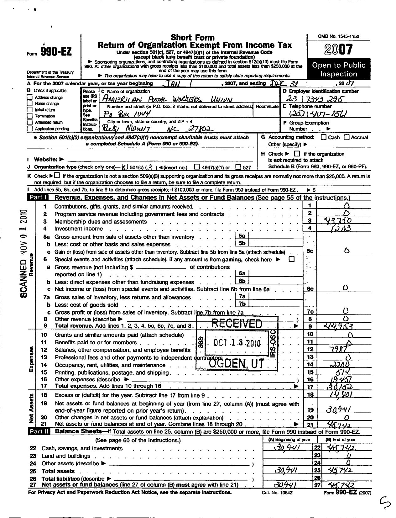 Image of first page of 2007 Form 990EZ for American Postal Workers Union - 591 Rocky Mount Local