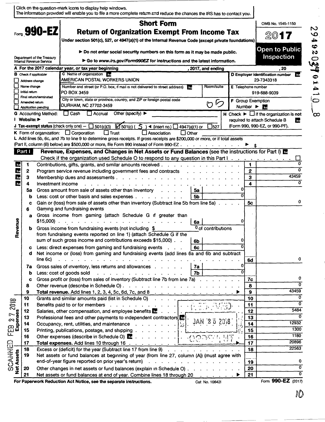 Image of first page of 2017 Form 990EO for American Postal Workers Union / 24 Durham Area Local