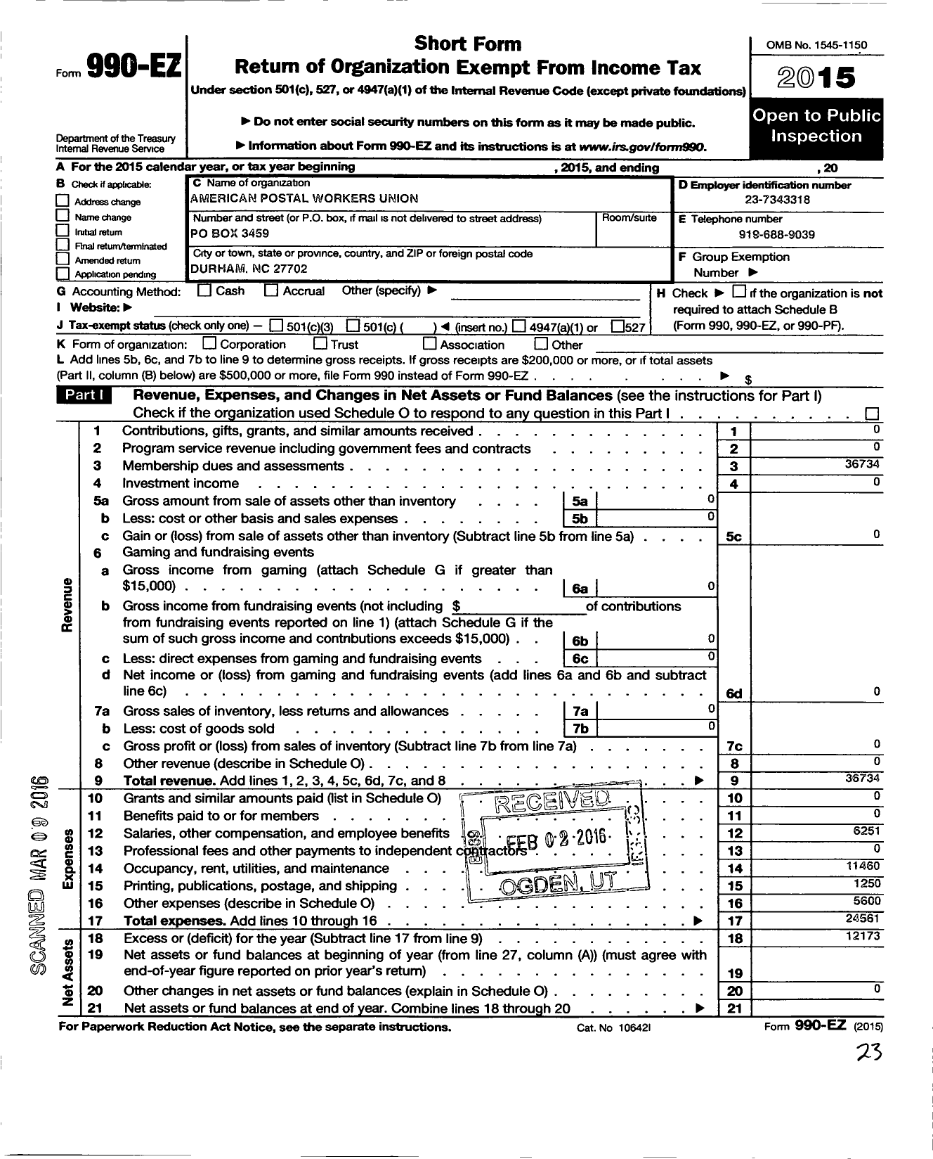 Image of first page of 2015 Form 990EO for American Postal Workers Union / 24 Durham Area Local