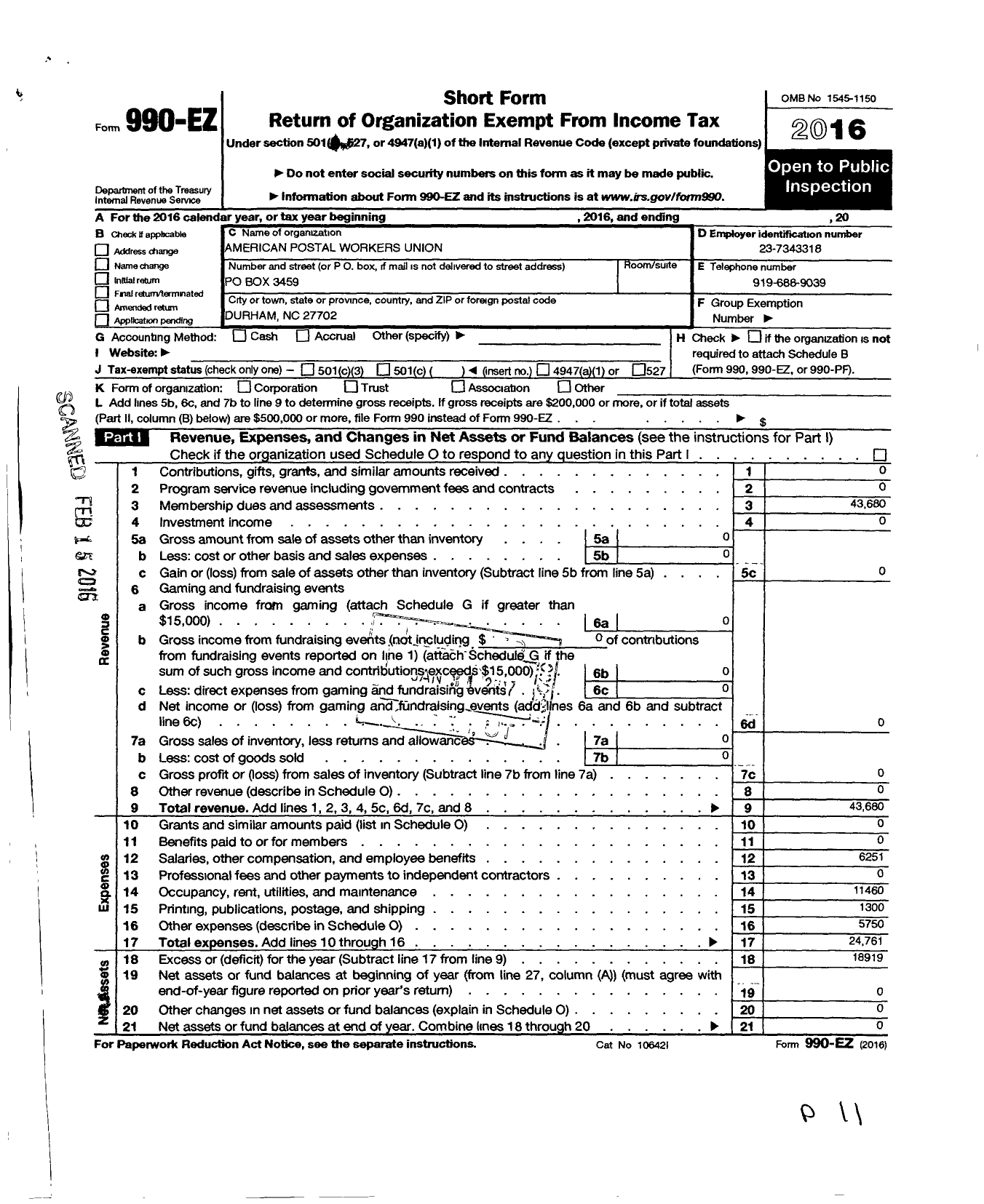 Image of first page of 2016 Form 990EO for American Postal Workers Union / 24 Durham Area Local