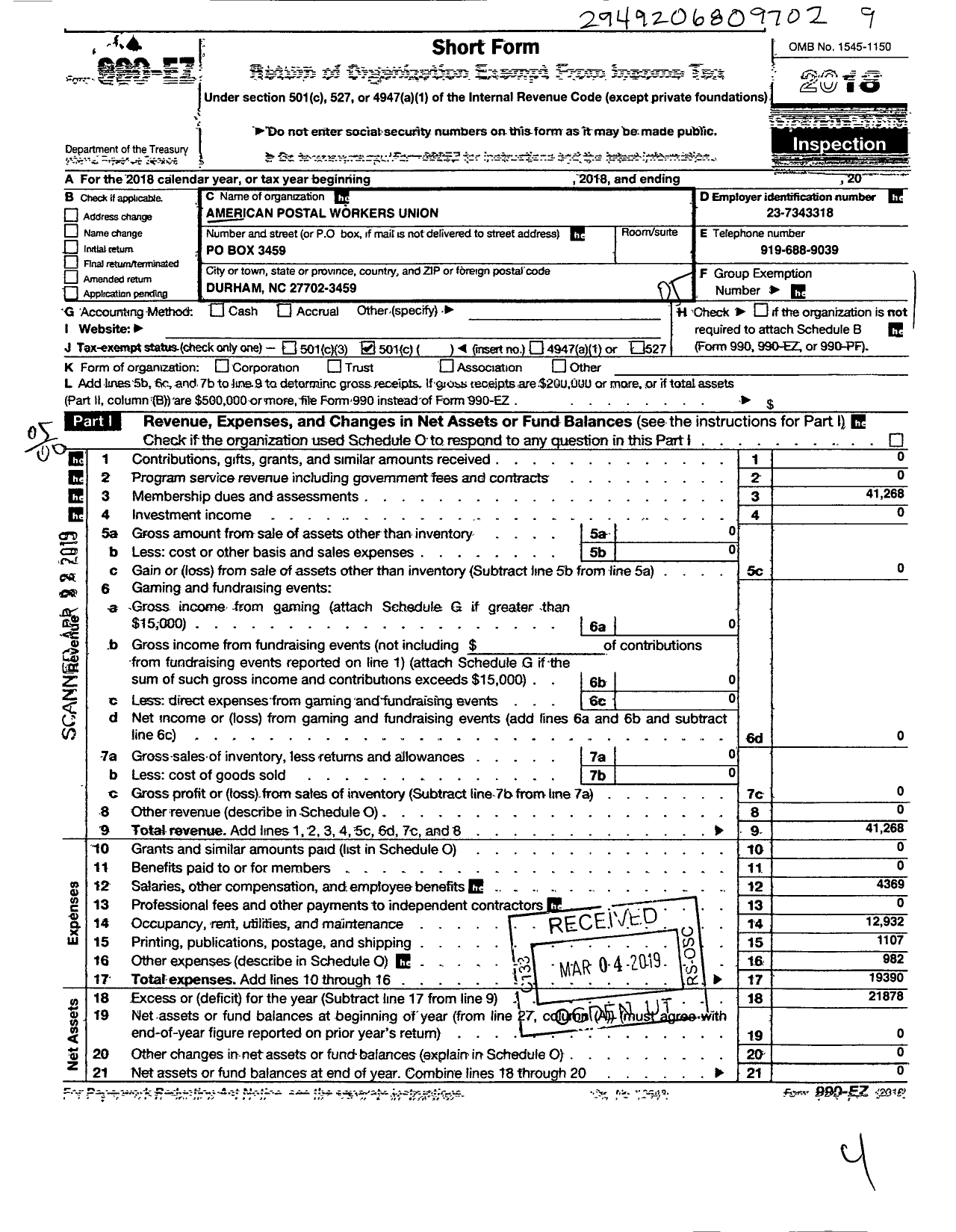 Image of first page of 2018 Form 990EO for American Postal Workers Union / 24 Durham Area Local