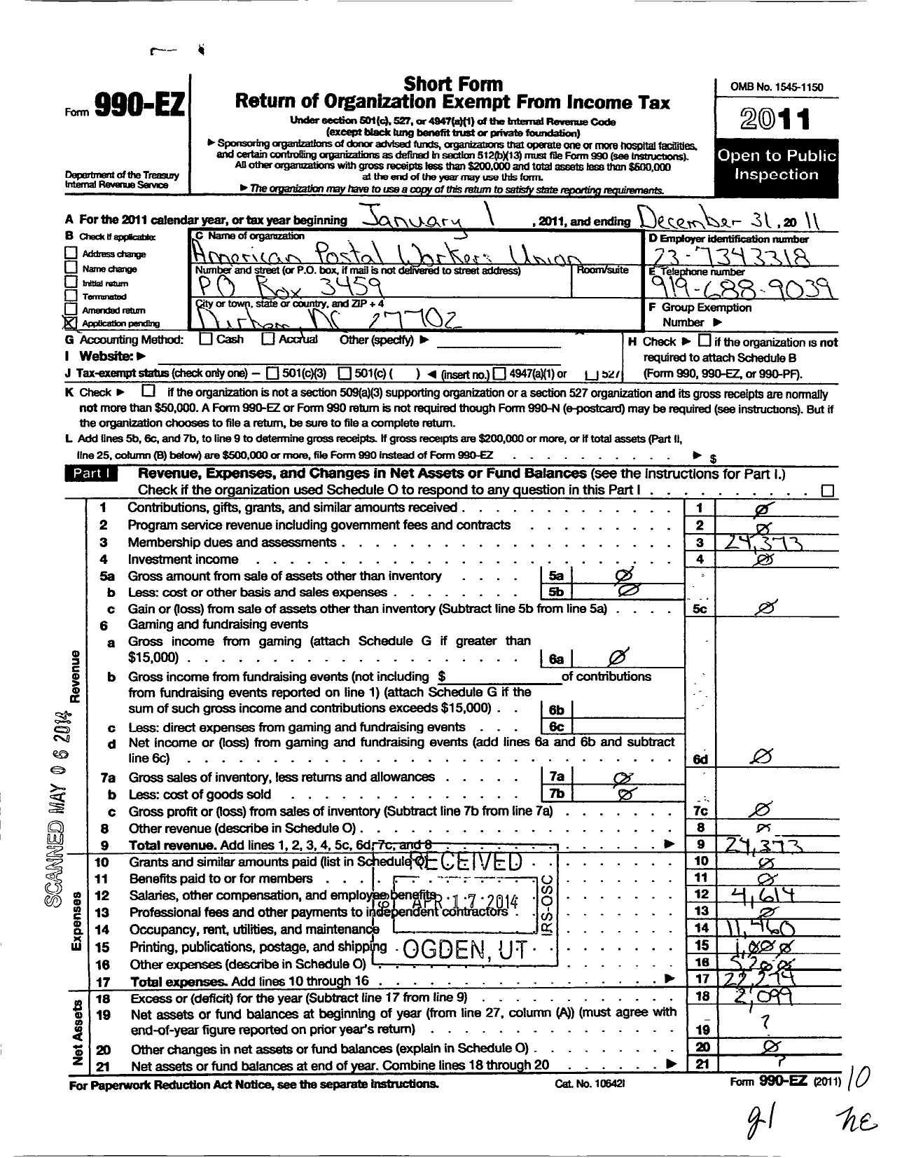 Image of first page of 2011 Form 990EO for American Postal Workers Union / 24 Durham Area Local