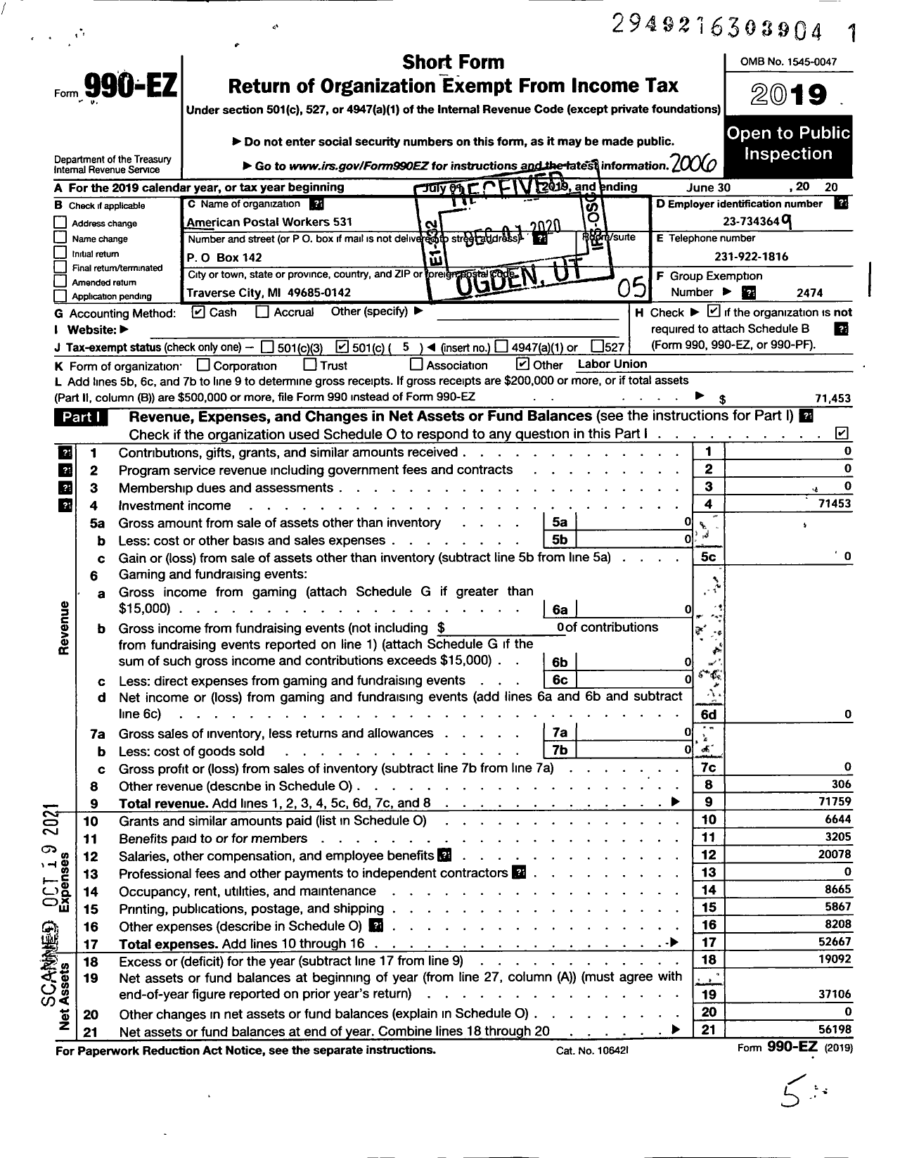 Image of first page of 2019 Form 990EO for American Postal Workers Union - 531 Traverse City Area Local