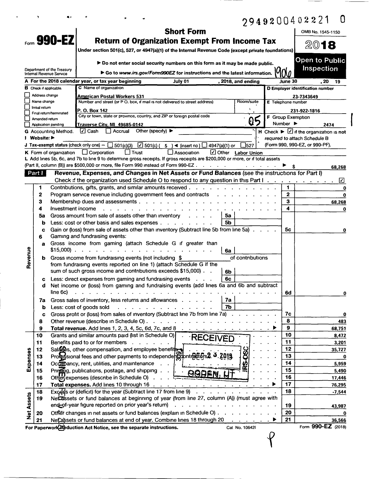 Image of first page of 2018 Form 990EO for American Postal Workers Union - 531 Traverse City Area Local