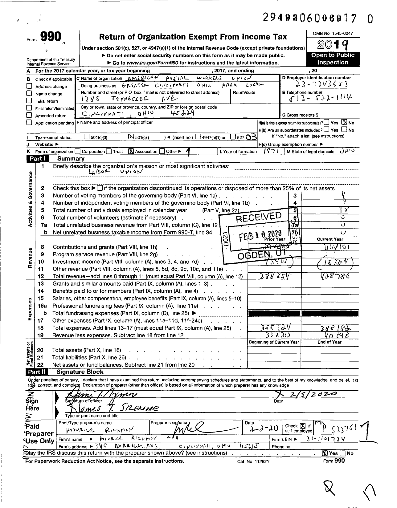 Image of first page of 2019 Form 990 for American Postal Workers Union - Greater Cincinnati Area Local 164