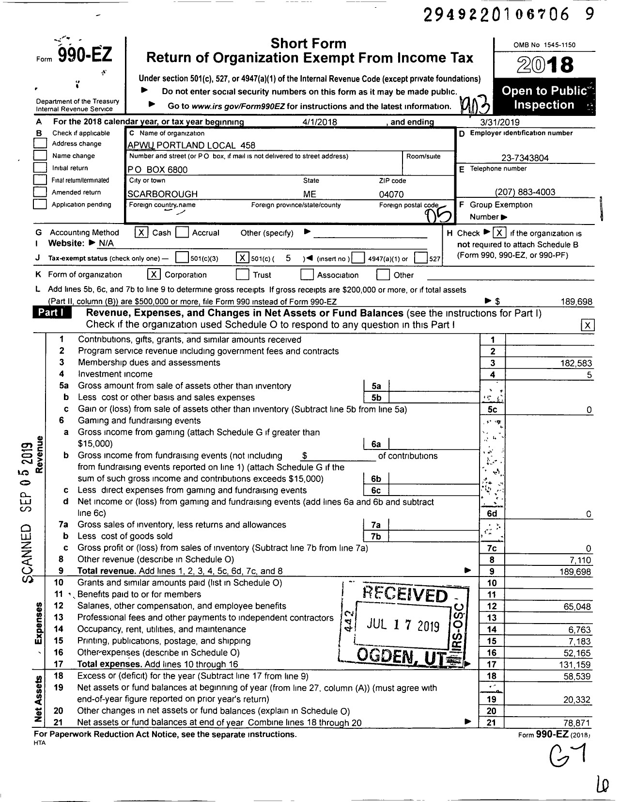 Image of first page of 2018 Form 990EO for American Postal Workers Union - 458 Portland Area Local