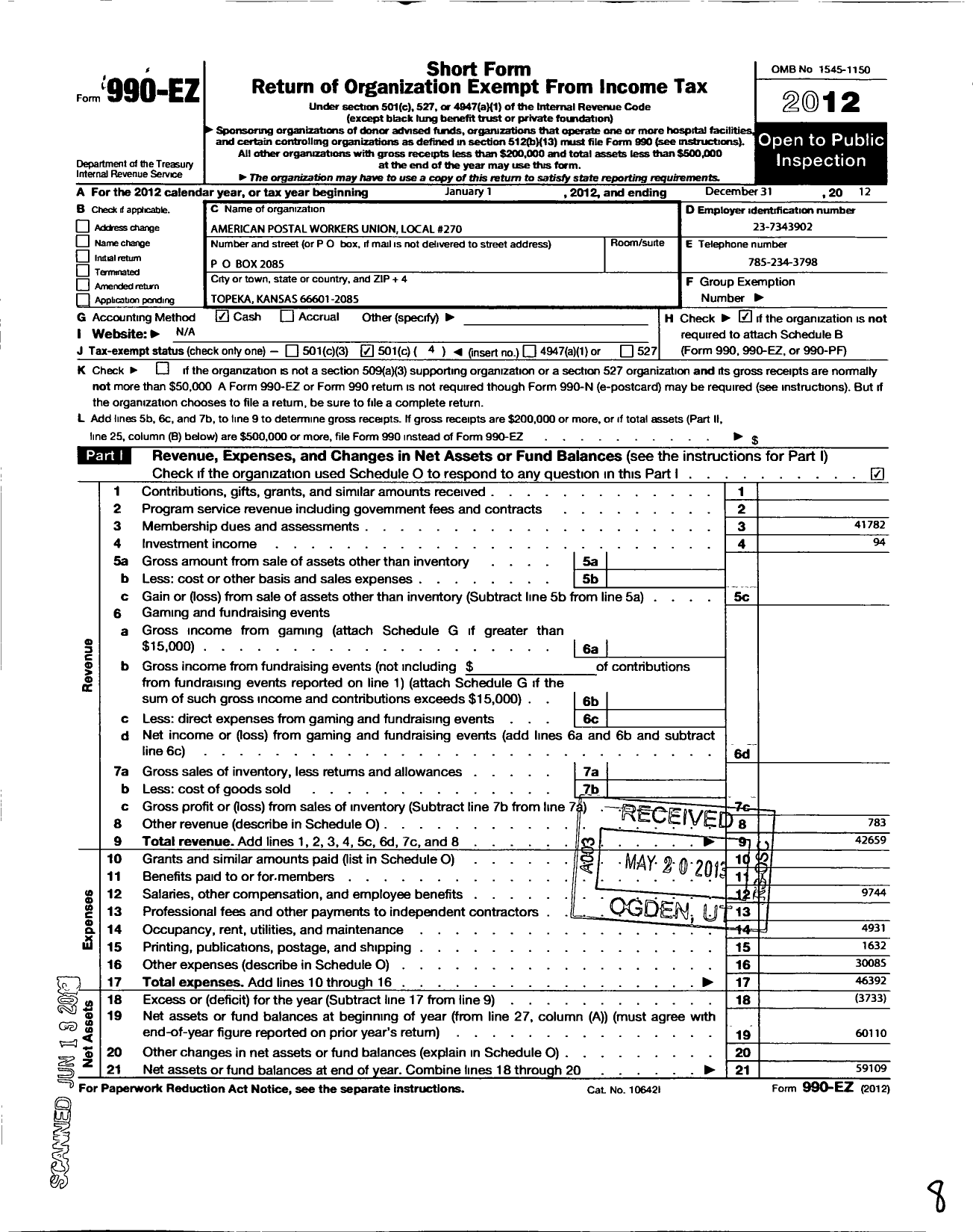 Image of first page of 2012 Form 990EO for American Postal Workers Union - 270 Topeka