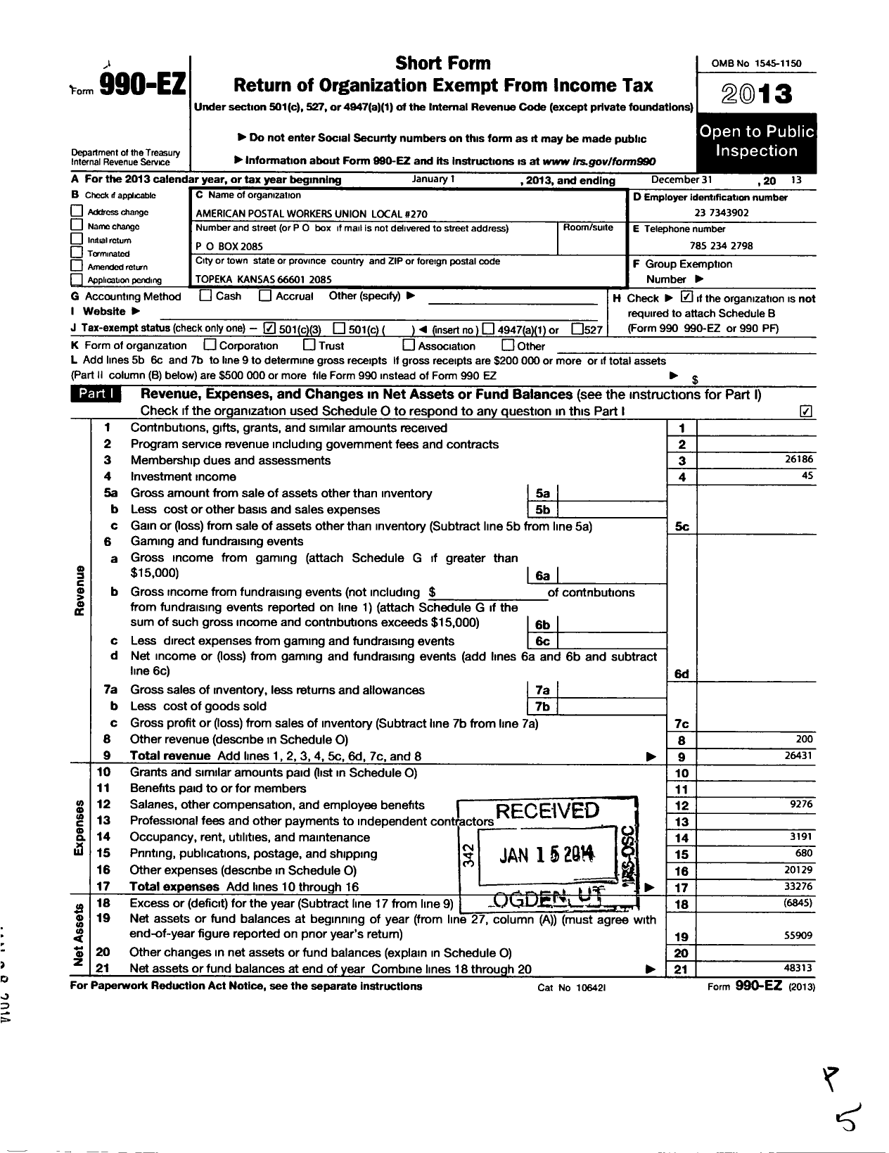 Image of first page of 2013 Form 990EZ for American Postal Workers Union - 270 Topeka