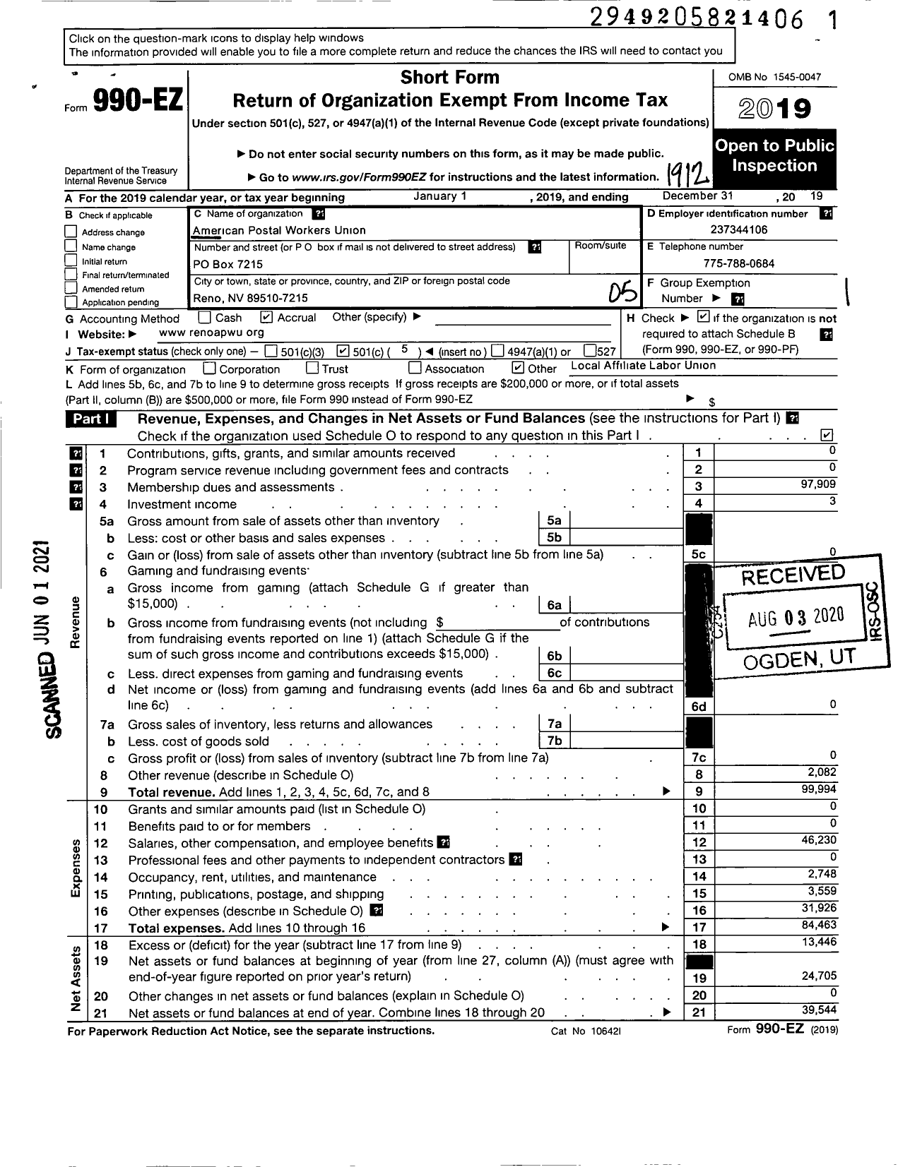 Image of first page of 2019 Form 990EO for American Postal Workers Union - 936 Reno Local
