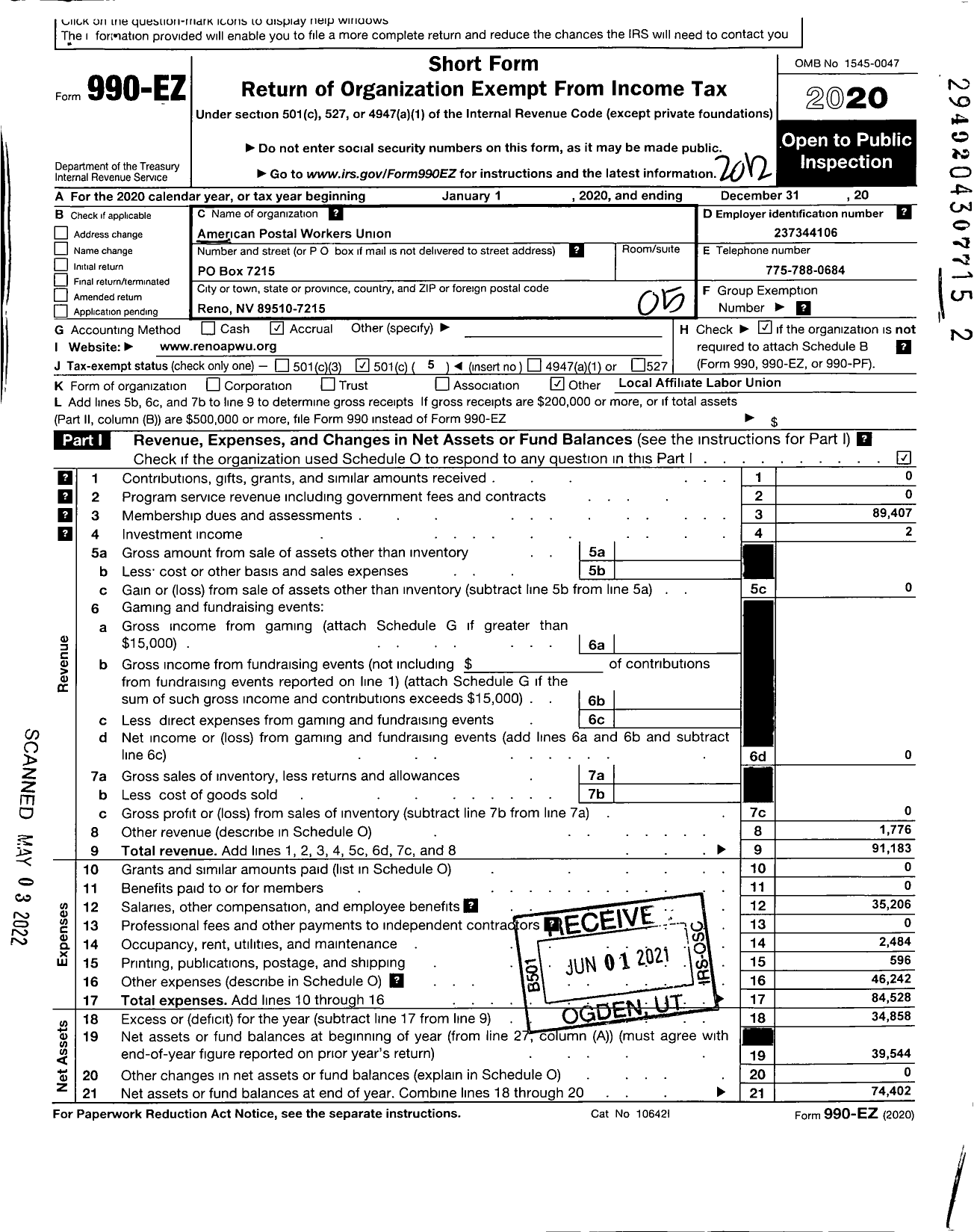 Image of first page of 2020 Form 990EO for American Postal Workers Union - 936 Reno Local