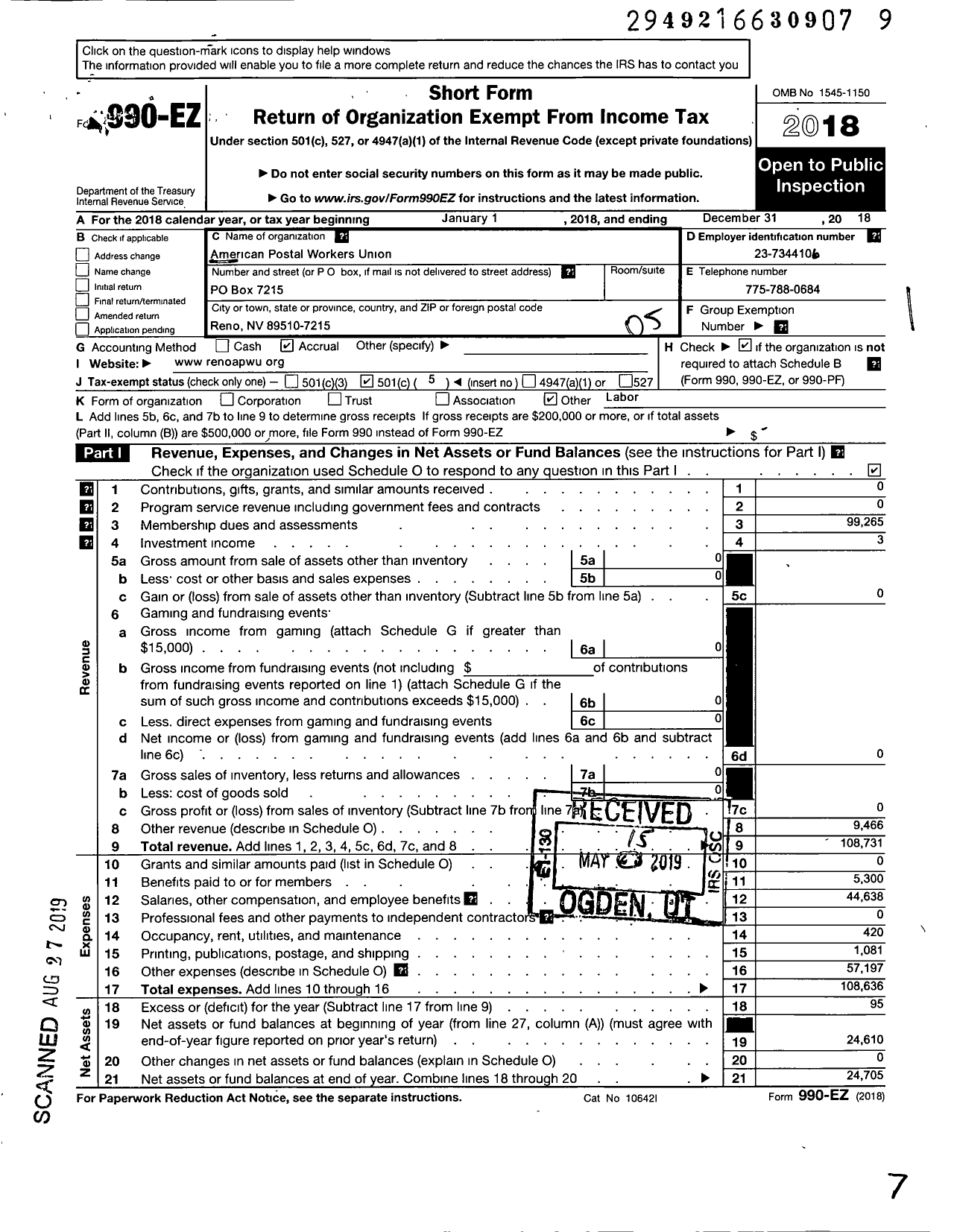 Image of first page of 2018 Form 990EO for American Postal Workers Union - 936 Reno Local