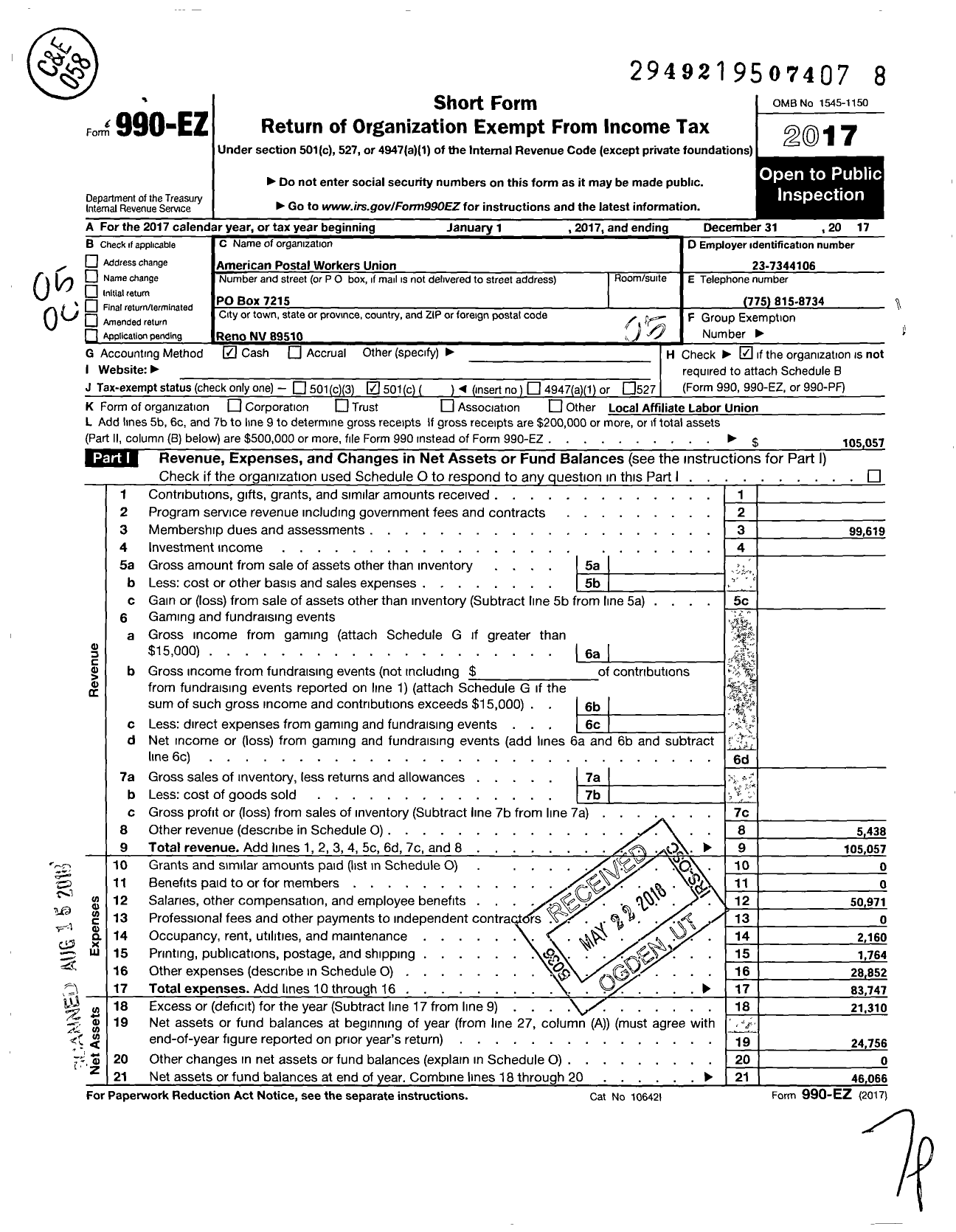 Image of first page of 2017 Form 990EO for American Postal Workers Union - 936 Reno Local