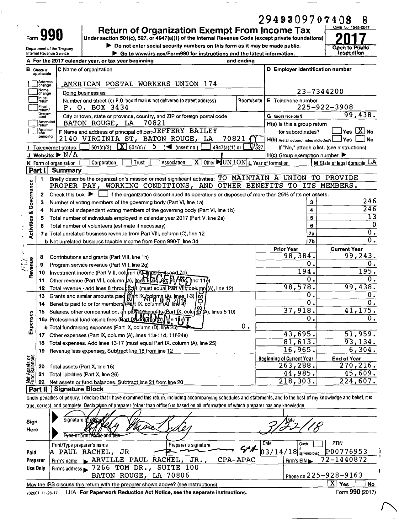 Image of first page of 2017 Form 990O for American Postal Workers Union - 174 Baton Rouge Local