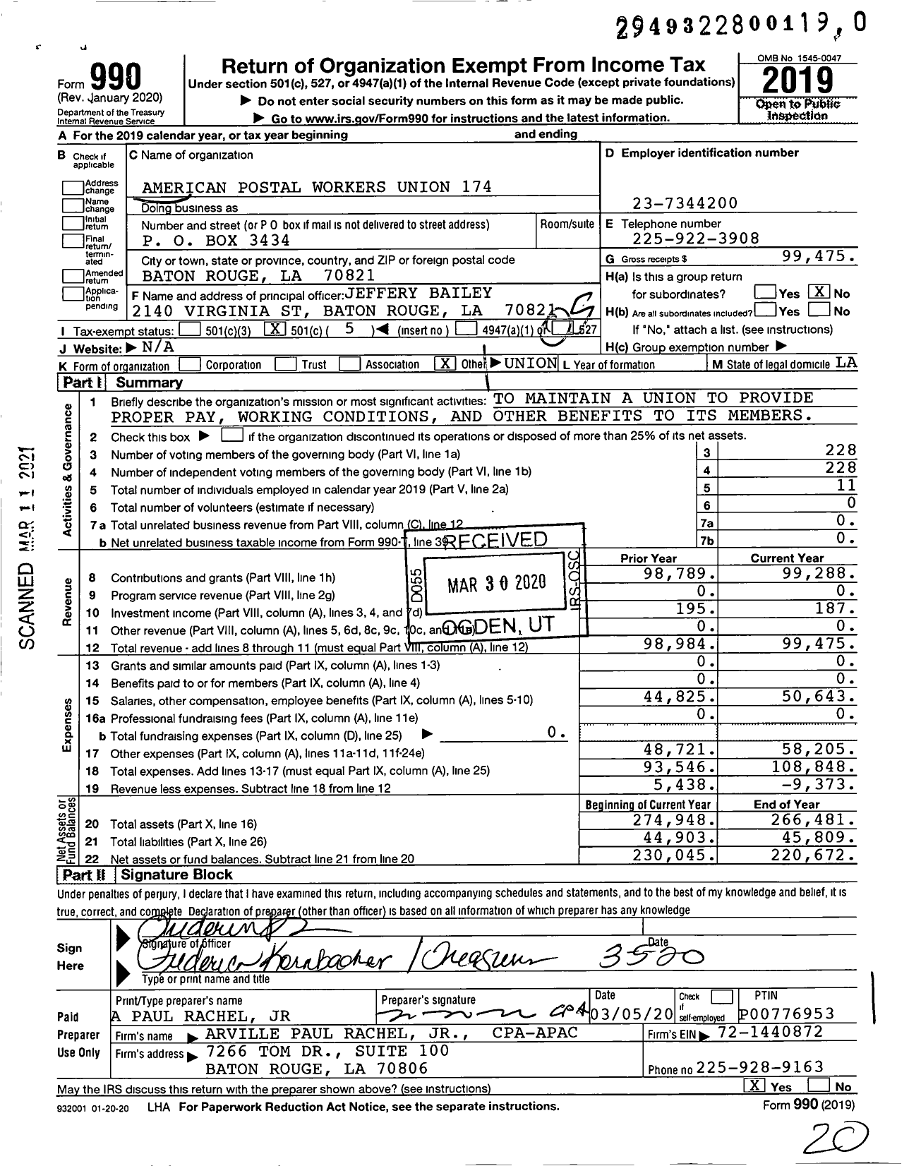 Image of first page of 2019 Form 990O for American Postal Workers Union - 174 Baton Rouge Local