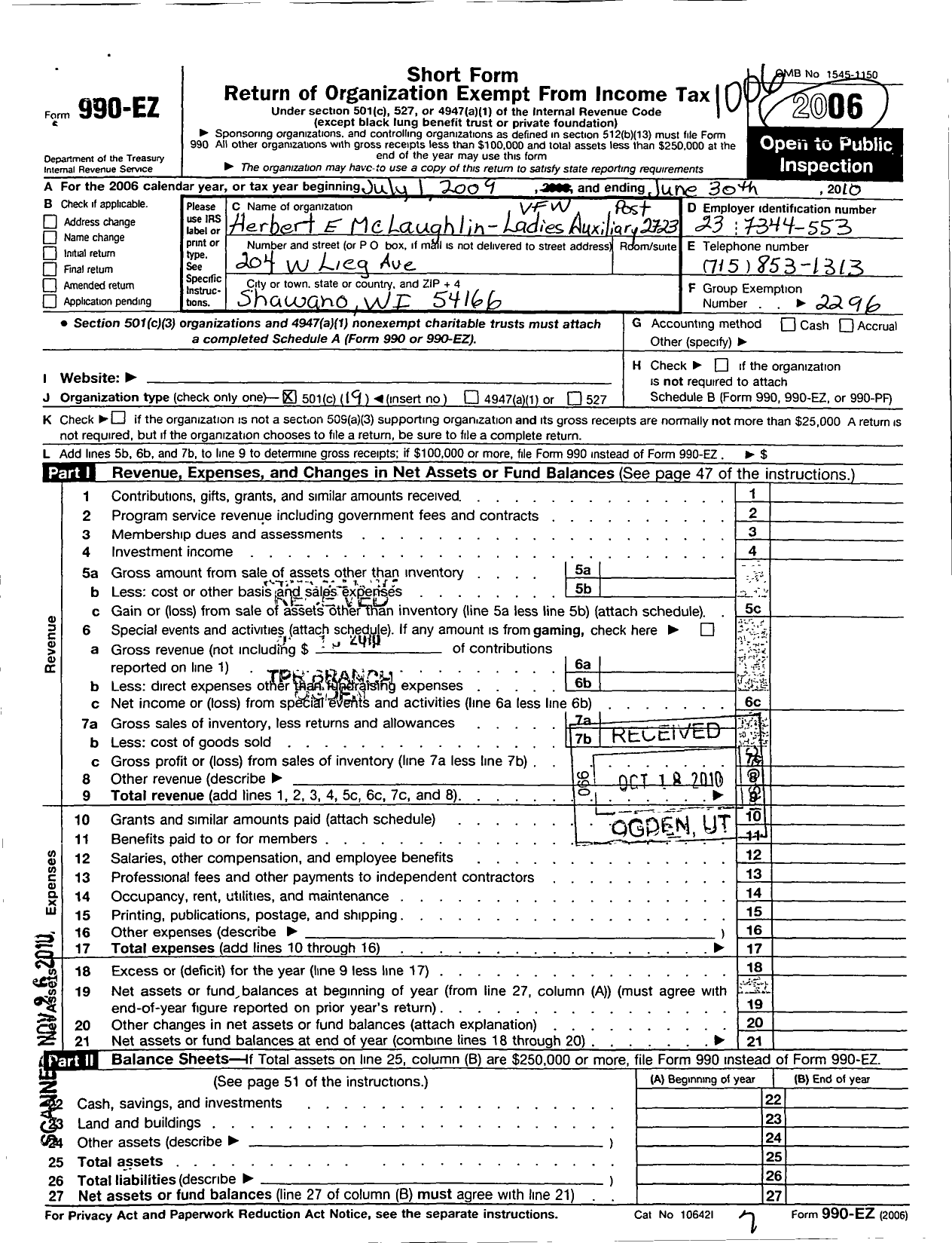 Image of first page of 2009 Form 990EO for VFW Wi - 2723 Herbert E Mclauglin Auxiliary
