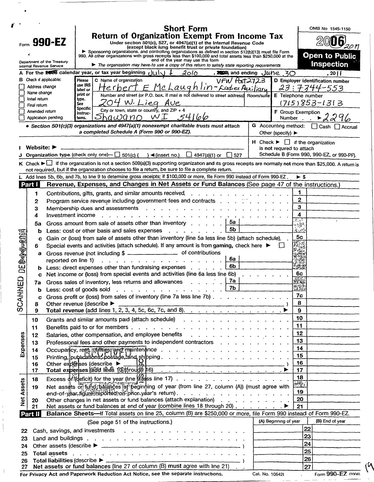 Image of first page of 2010 Form 990EO for VFW Wi - 2723 Herbert E Mclauglin Auxiliary