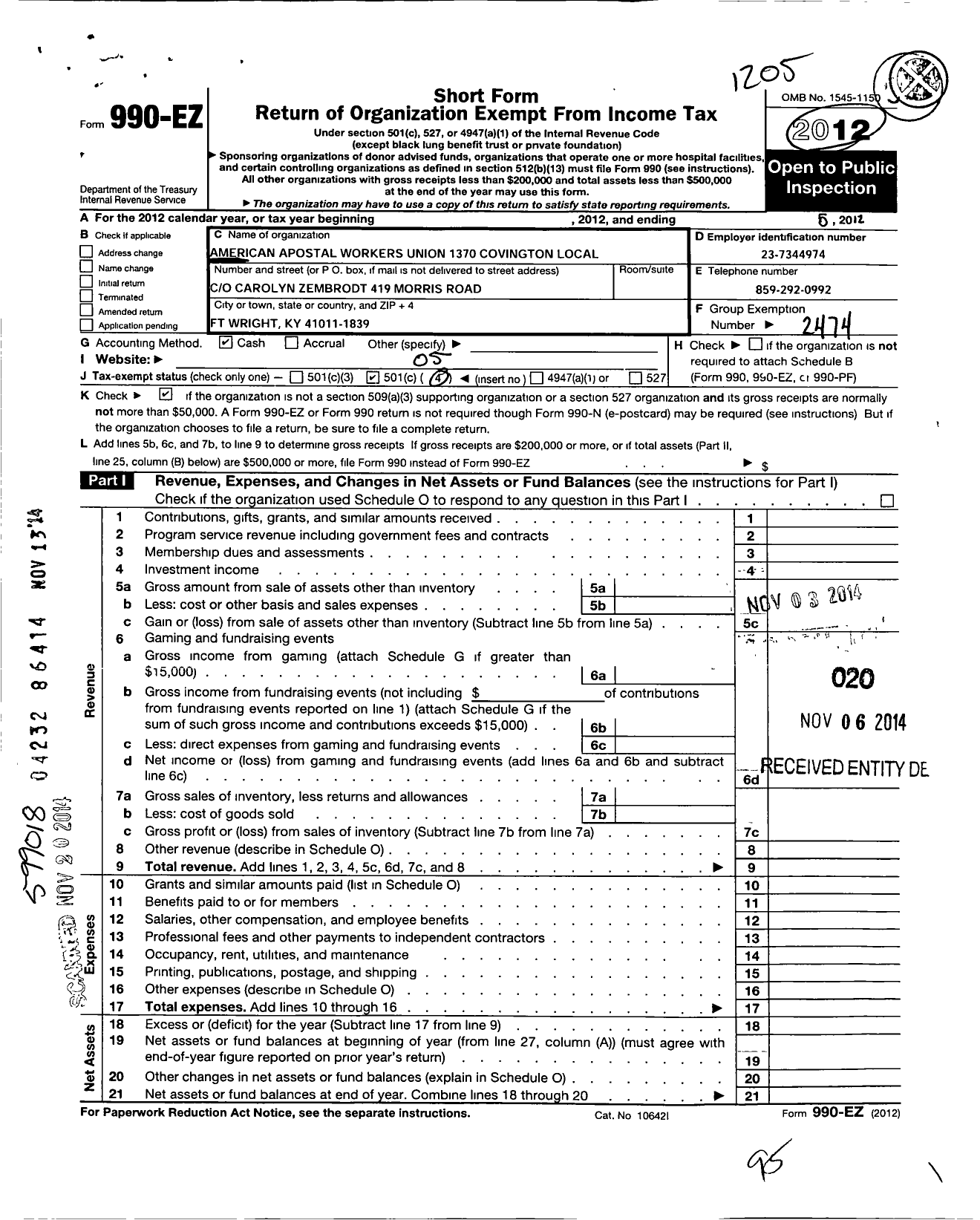 Image of first page of 2011 Form 990EO for American Postal Workers Union - 1370 Covington Local