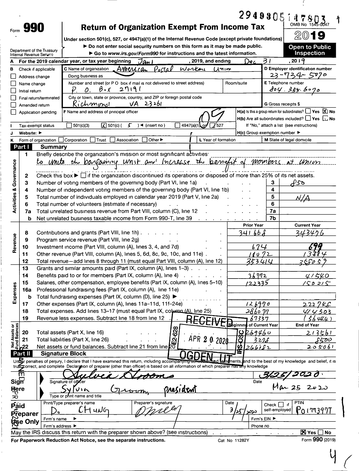 Image of first page of 2019 Form 990O for American Postal Workers Union - 0199 Richmond Va Local