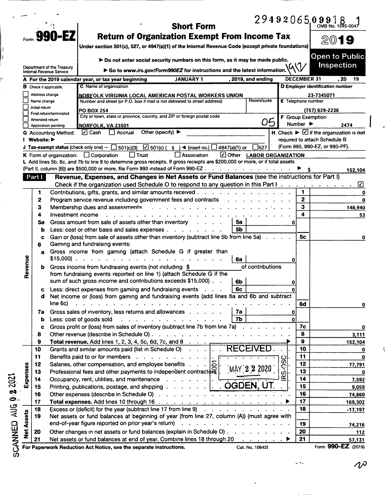 Image of first page of 2019 Form 990EO for American Postal Workers Union - 262 Norfolk Local