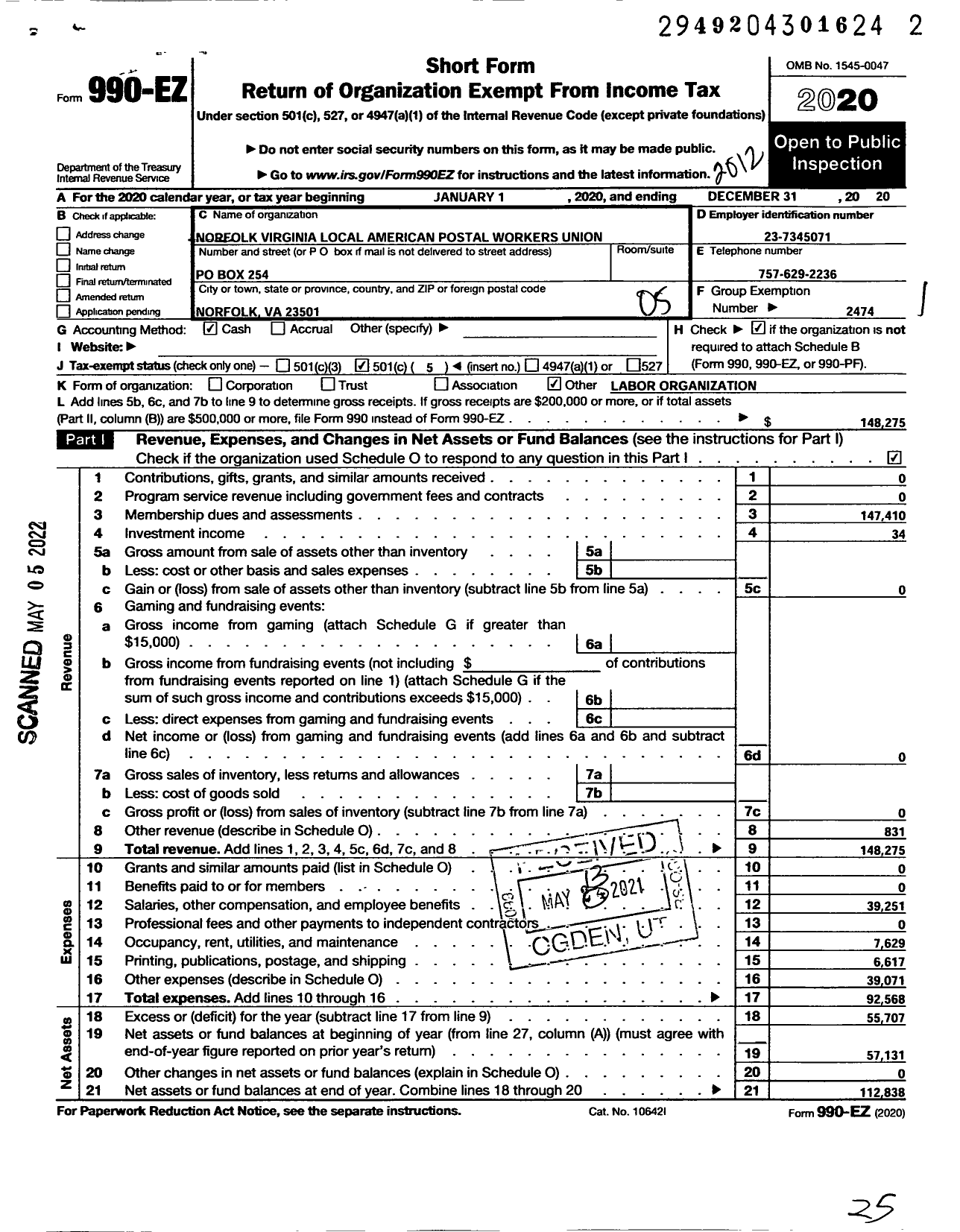 Image of first page of 2020 Form 990EO for American Postal Workers Union - 262 Norfolk Local