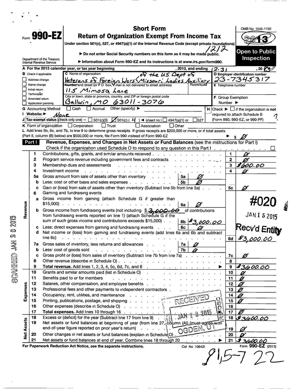 Image of first page of 2012 Form 990EO for VFW Auxiliary Department of Missouri - 6274 VFW Auxiliary Ballwin Mem Post