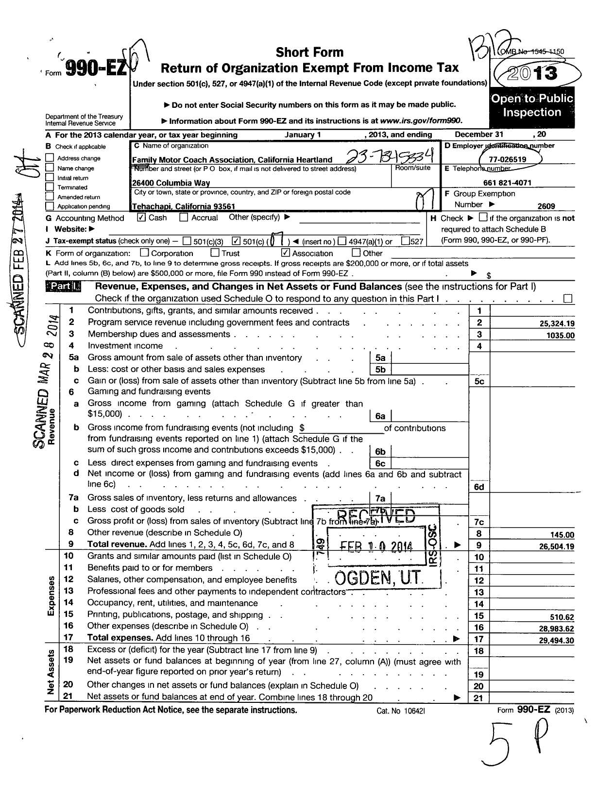 Image of first page of 2013 Form 990EO for Family Motor Coach Association / California Chapter