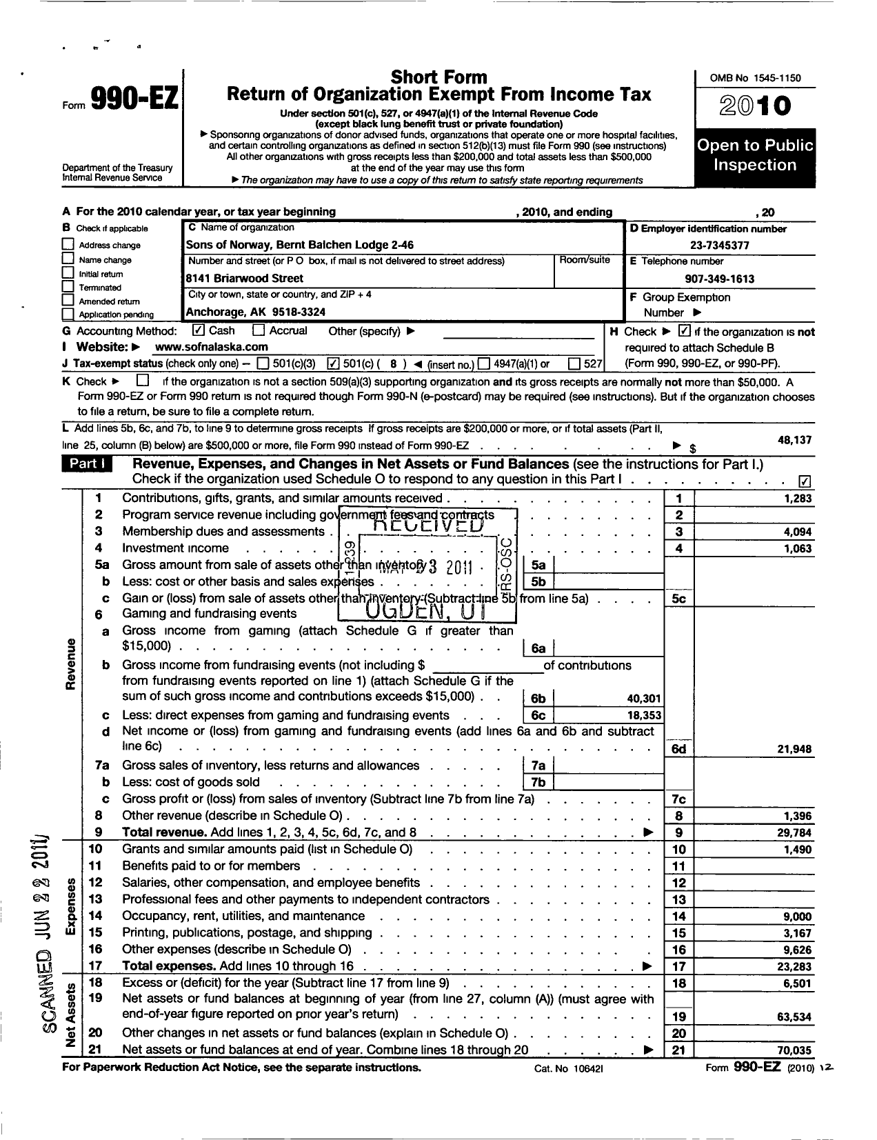 Image of first page of 2010 Form 990EO for Sons of Norway - 2-046 Bernt Balchen Lodge